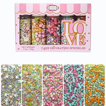 Confect Spring Sprinkle Mix - 5-Pack Bunny-Themed Edible Sprinkles | Pink, White & Blue with Stars, Pearls & Vermicelli | Perfec