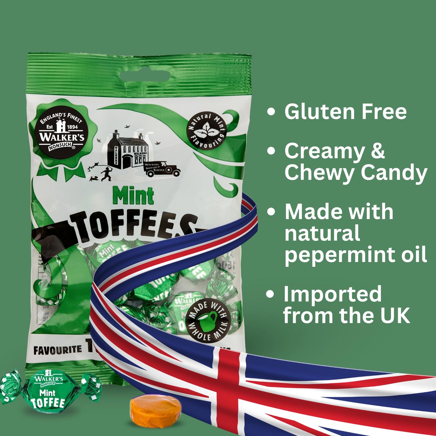 Walkers Nonsuch British Mint Toffee Candy 5.29 Oz (150G) - Natural Mint Flavor, Whole Milk Toffee, Individually Wrapped Chewy Candy Pack, Classic English Sweets, Imported Uk