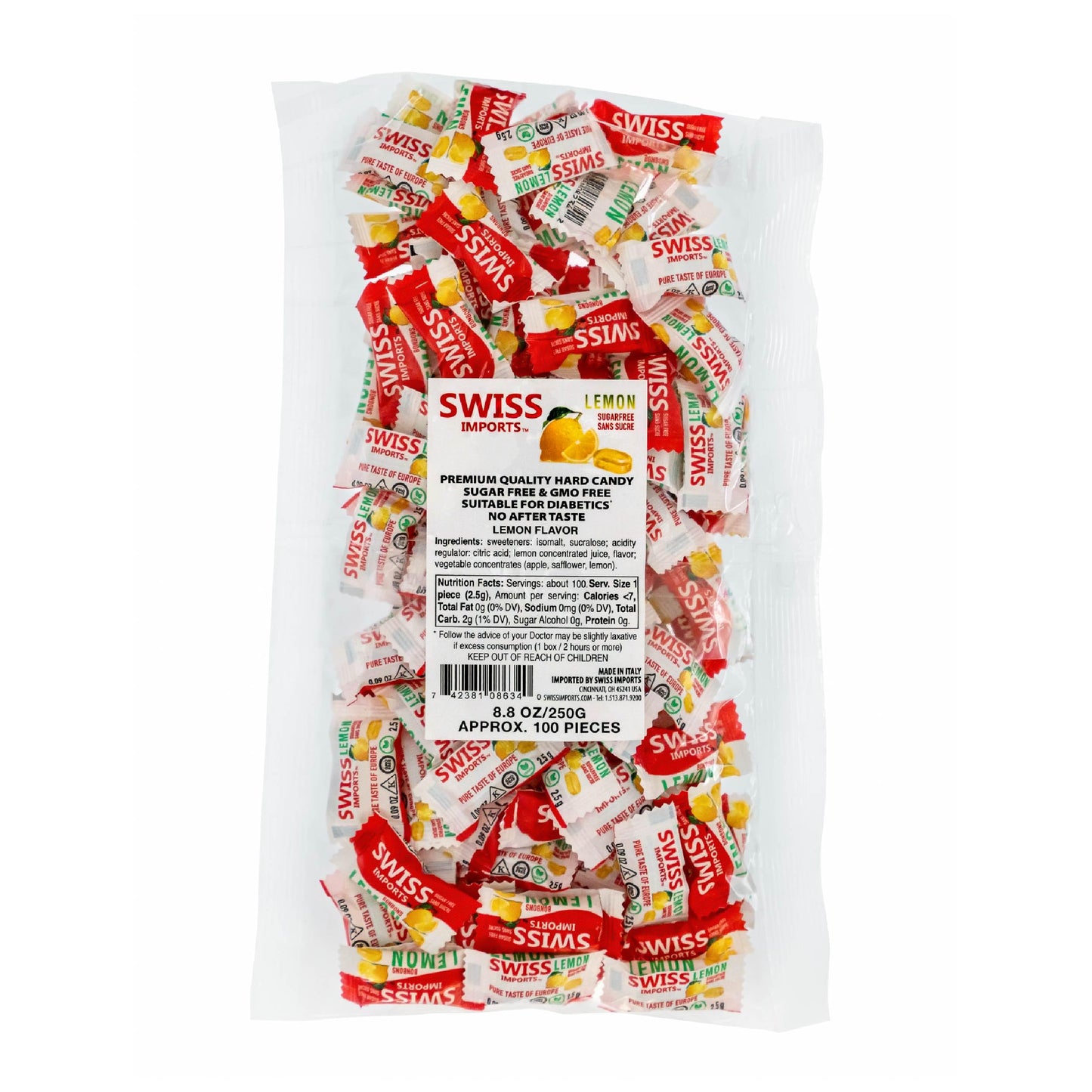 Swiss Imports Sugar Free Bonbons Hard Candy Drops, Lemon, 100 Individually Wrapped Pieces, 250g/8.8oz