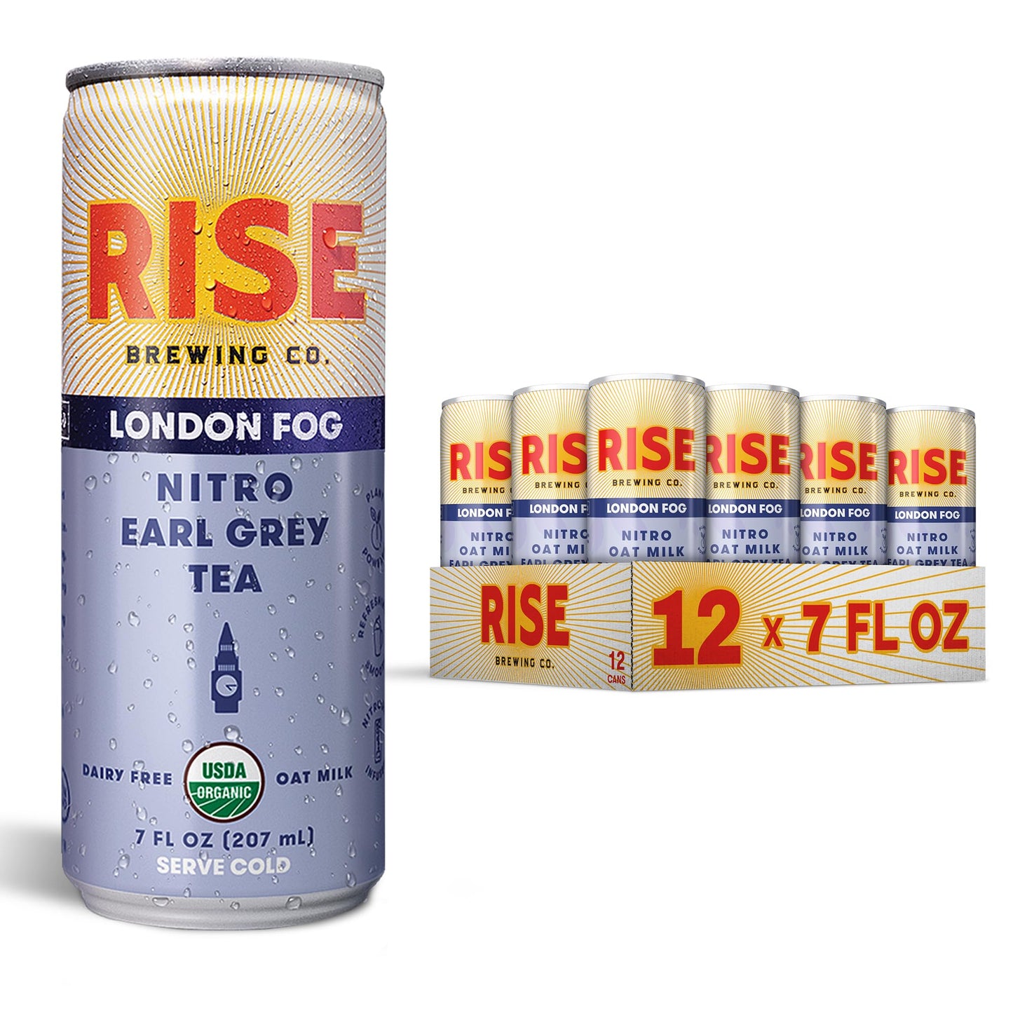Rise Brewing Co. London Fog Earl Grey Tea, Oat Milk Nitro Latte, Vegan, Usda Organic, Non-Gmo, Clean Energy, 7 Fl. Oz. Cans (12