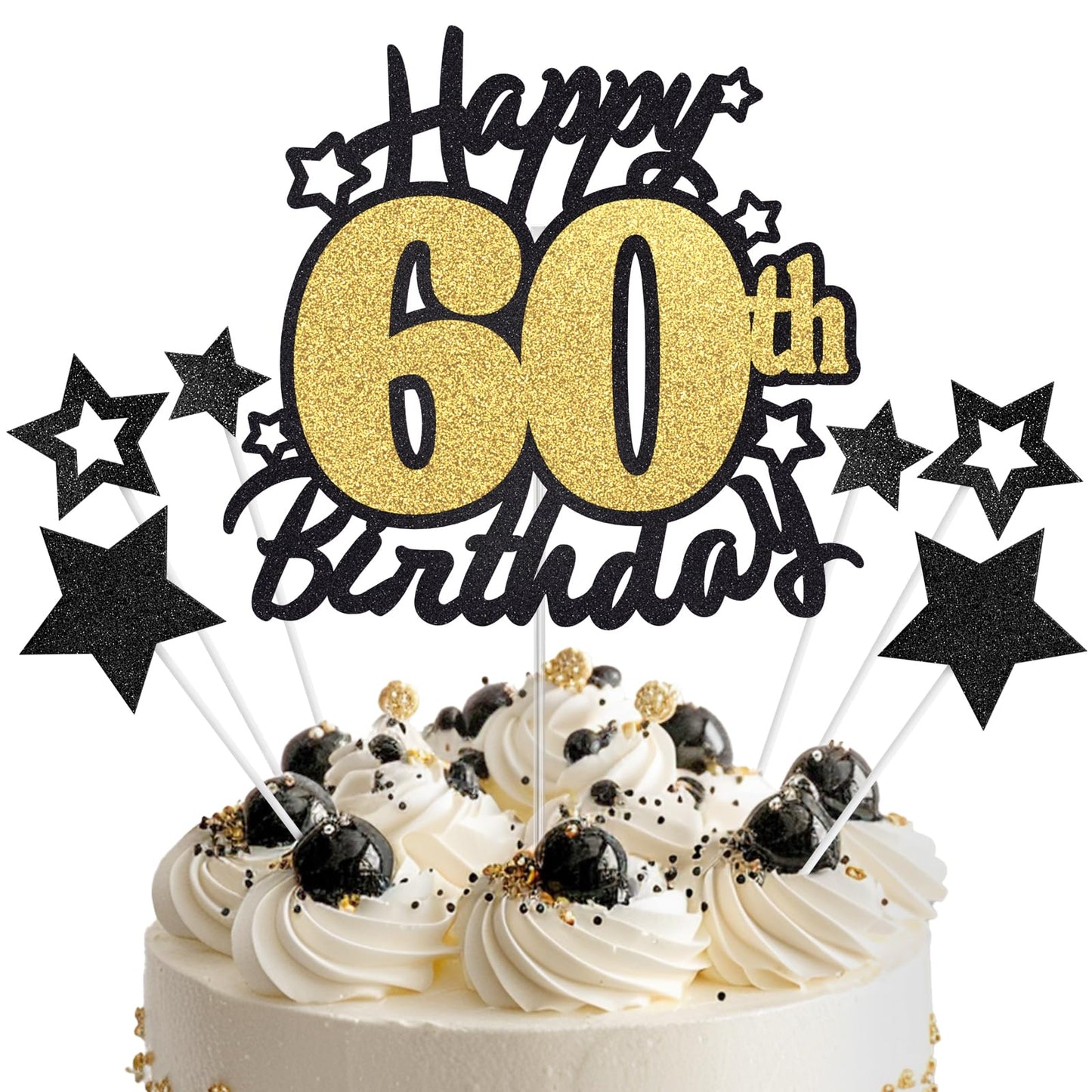 Happy 60th Birthday Cake Topper, Black and Gold Glitter Cake Toppers, 60 Year Birthday Party Cake Decoration