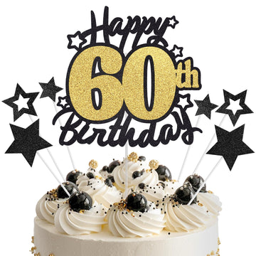 Happy 60th Birthday Cake Topper, Black and Gold Glitter Cake Toppers, 60 Year Birthday Party Cake Decoration