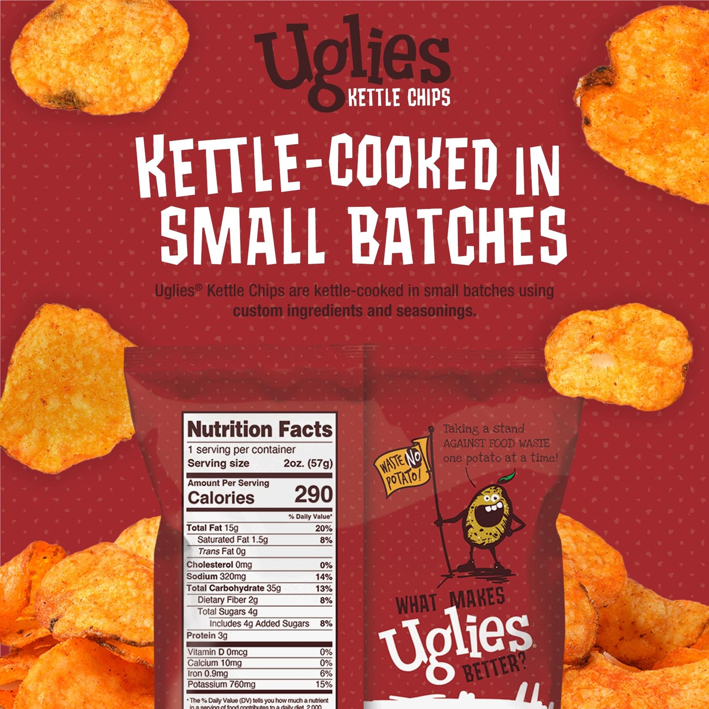 Uglies BBQ Kettle-Cooked Potato Chips, Gluten-Free, Kosher, Non-GMO, 2 Oz. Bags, Pack of 12, Orange