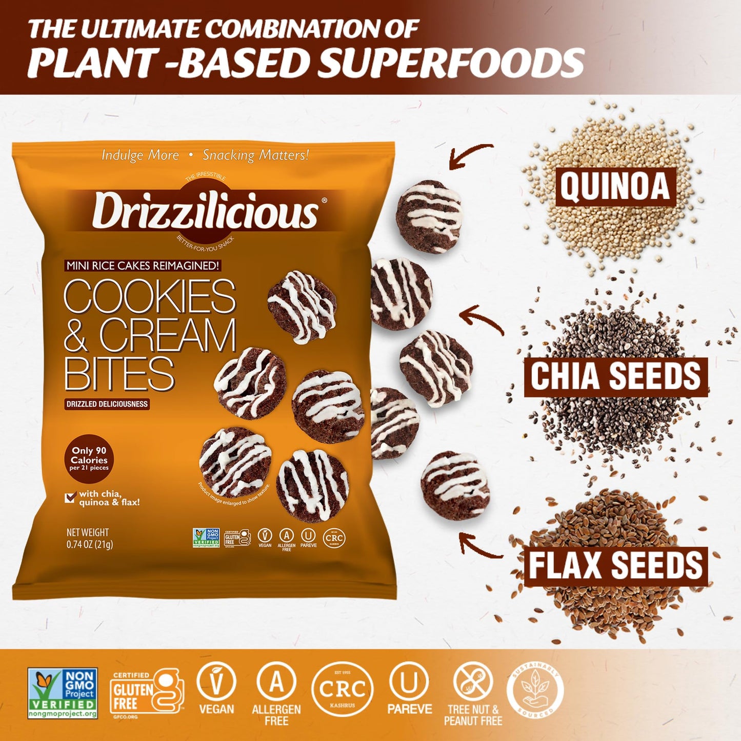 Drizzilicious Mini Rice Cakes Cookies & Cream, Vegan, Gluten Free, 0.74 oz (Pack of 10)