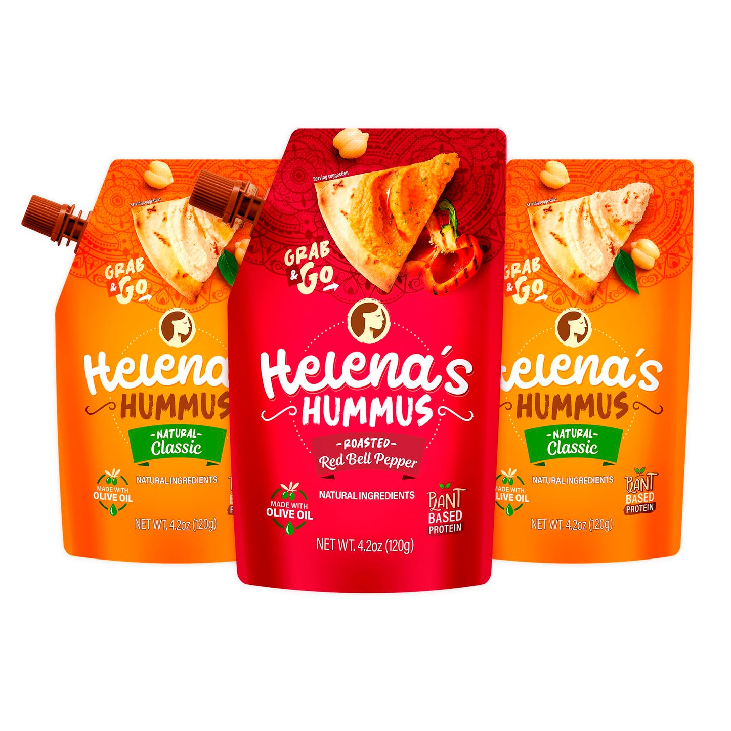 Helena Hummus (3-pack), Shelf-Stable, No Added Preservatives, 2 Natural Classic 4.23 oz and 1 Roasted Bell Pepper Hummus To-Go, 