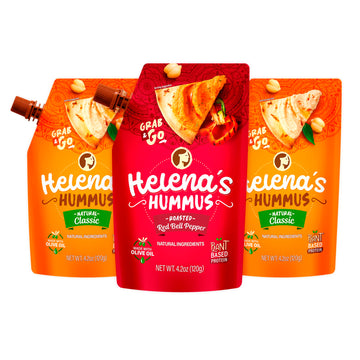 Helena Hummus (3-pack), Shelf-Stable, No Added Preservatives, 2 Natural Classic 4.23 oz and 1 Roasted Bell Pepper Hummus To-Go, 