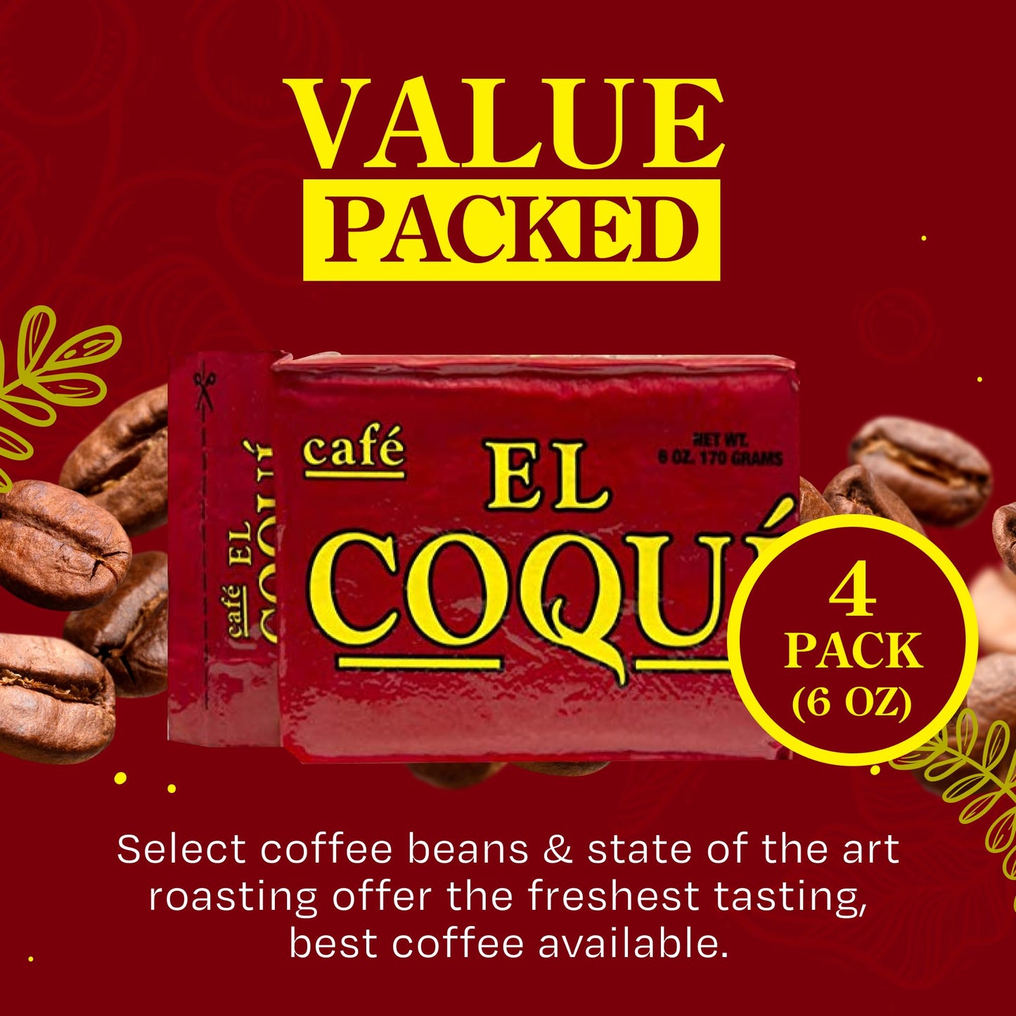 Cafe El Coqui Dark Roast Espresso Ground Coffee, 6 oz (Pack of 4), Authentic Puerto Rican Style, Vacuum Sealed