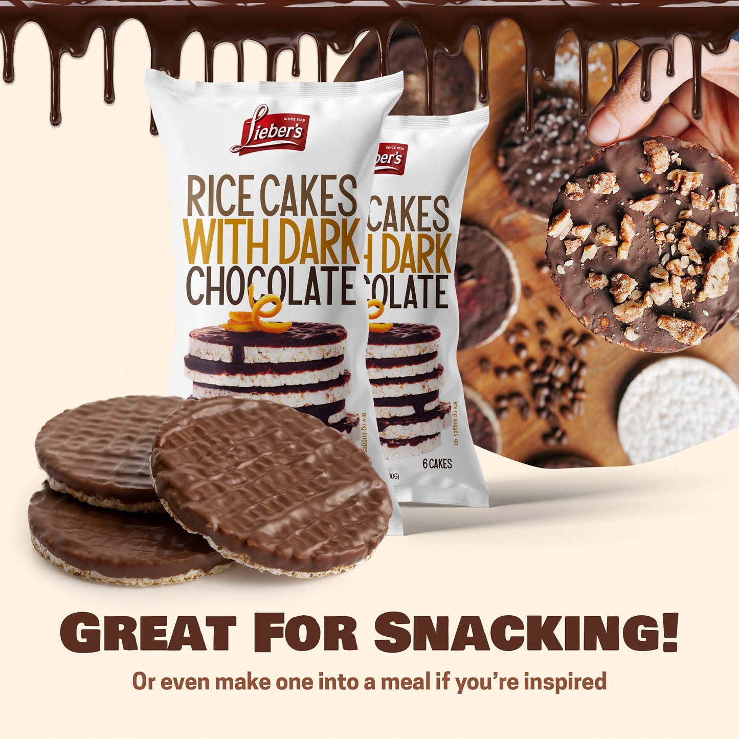Liebers Dark Chocolate Rice Cakes, Kosher Certified Dairy Free, Gluten Free Snack (Dark Chocolate) Pack Of 3
