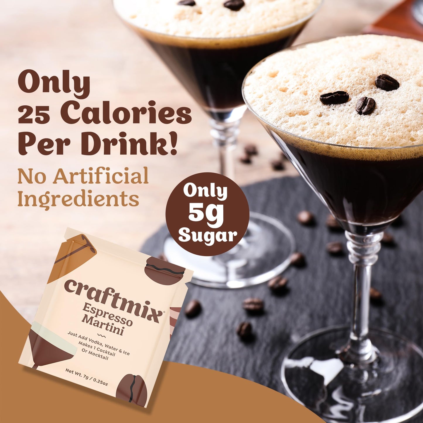 Craftmix Espresso Martini Cocktail & Mocktail Drink Mixer, Skinny Mixes - Water Flavoring Packets - Made With Real Coffee Beans - Vegan, Low-Carb, Low-Sugar, Non-Gmo, Dairy Free, Gluten Free, 24 Pack