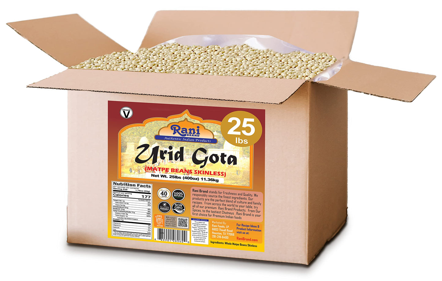 Rani Urid/Urad Gota White (Matpe Beans Skinless) Indian Lentils 400Oz (25Lbs) 11.36Kg Bulk Box ~ All Natural | Gluten Friendly |