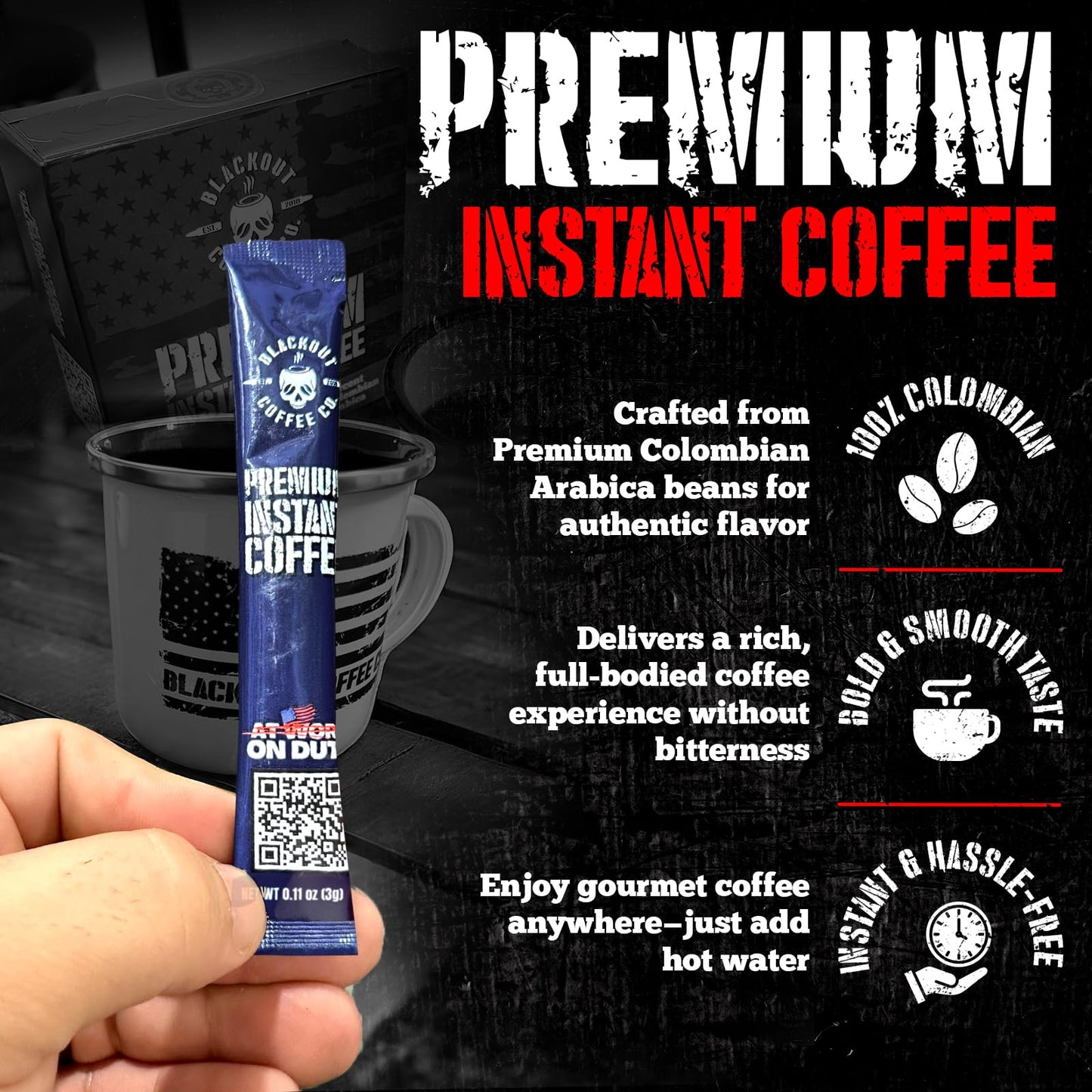 Blackout Coffee Colombian Arabica Instant Coffee - Medium Roast, Strong Aromatic, 32 Count Pack