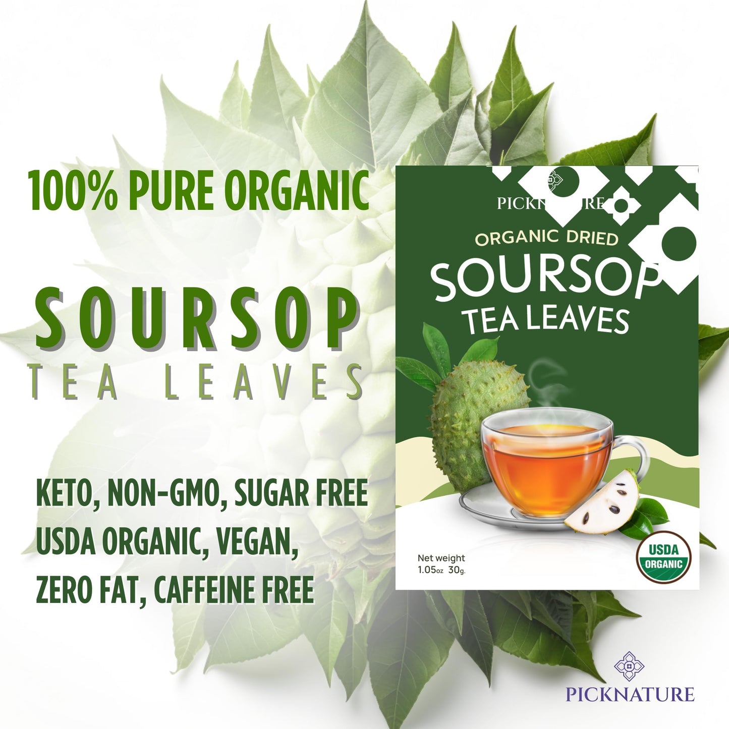 PICKNATURE Organic Dried Soursop Leaves | Antioxidant Herbal Tea  Caffeine-Free | Supports Digestion  Immunity & Detox | 1.76oz (100+ Cups)