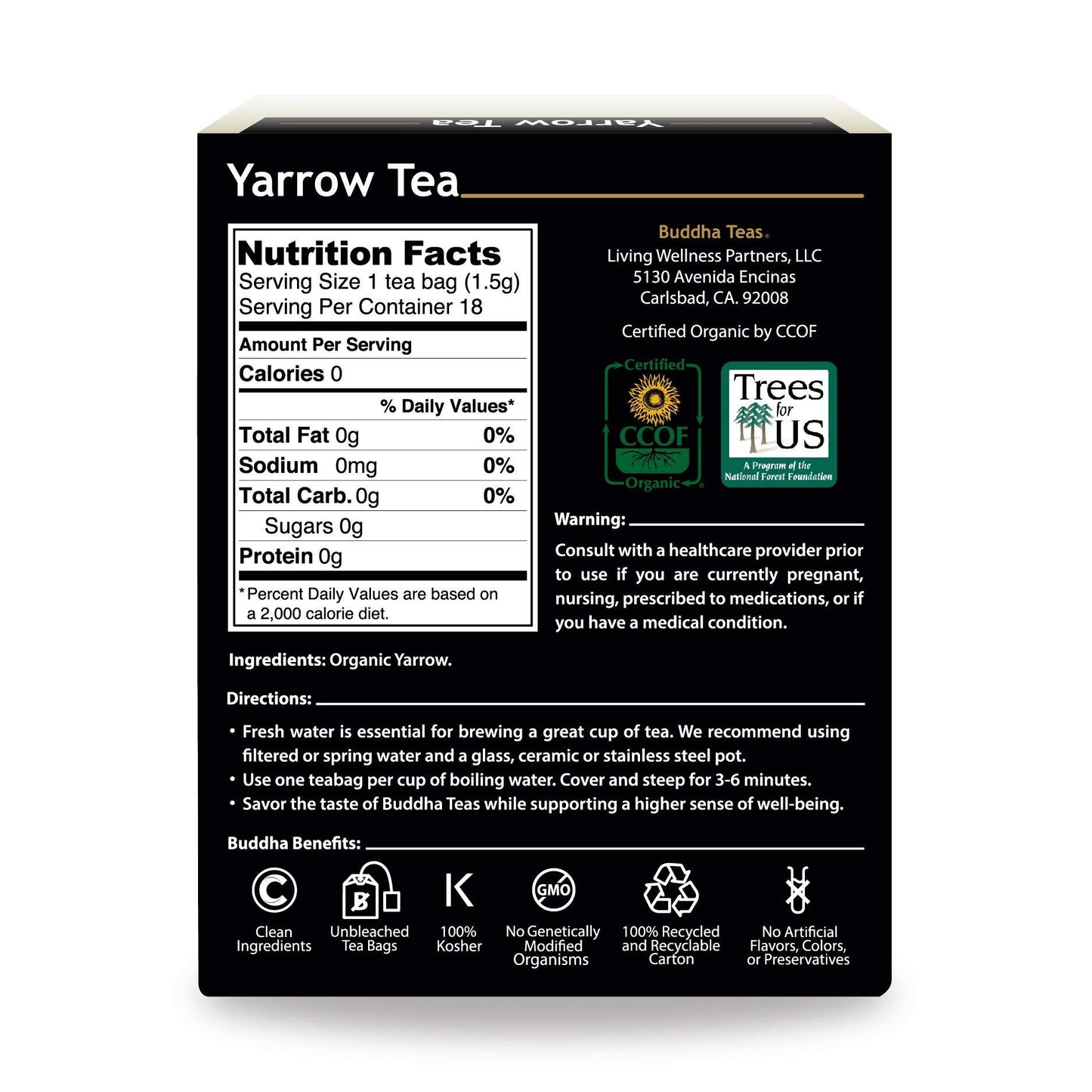 Buddha Teas Organic Yarrow Tea - 18 Bleach-Free Tea Bags - OU Kosher, USDA Organic