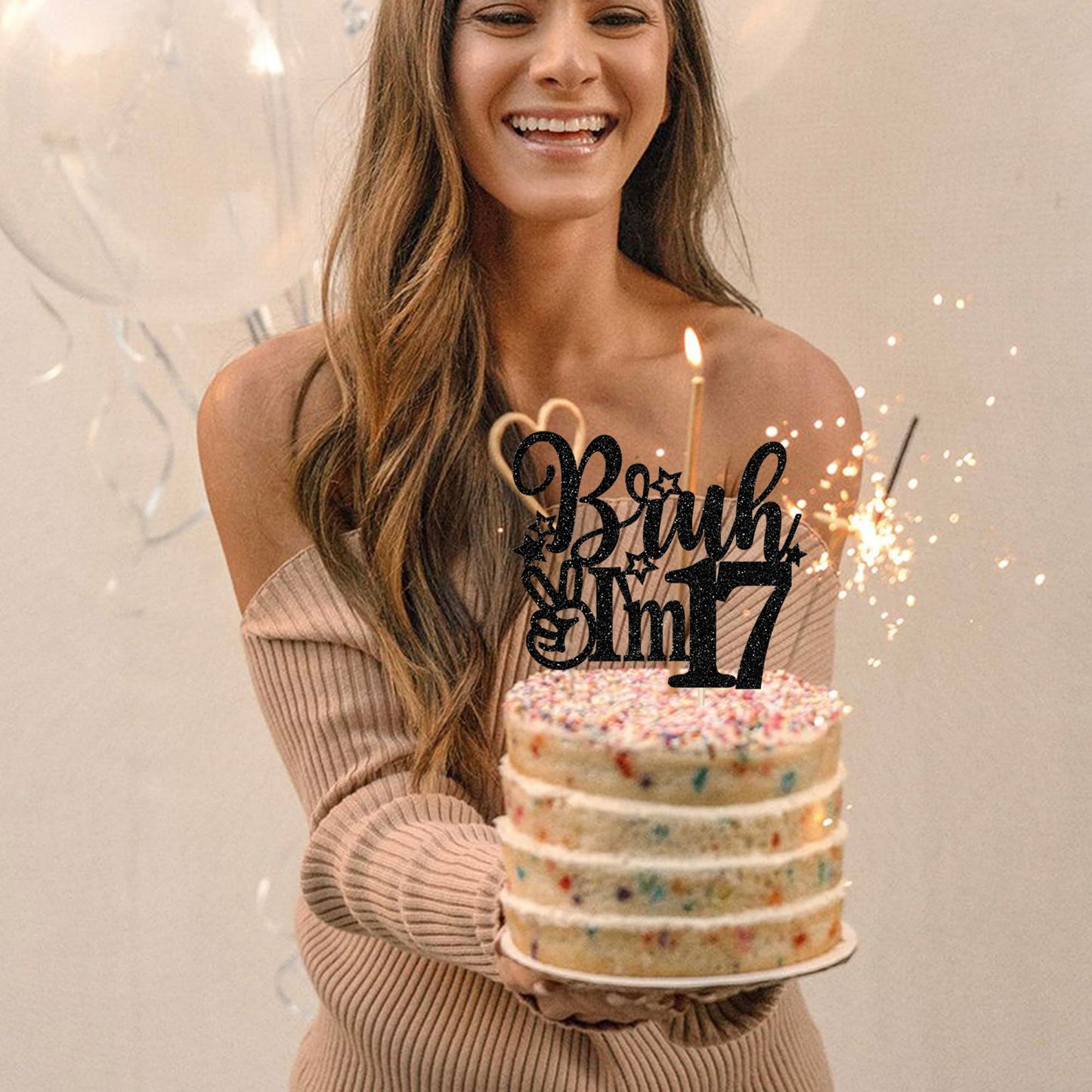 Rssta i Cake Topper Black Star Glitter, 17th Birthday Decorations, Model XM1222-17 Black