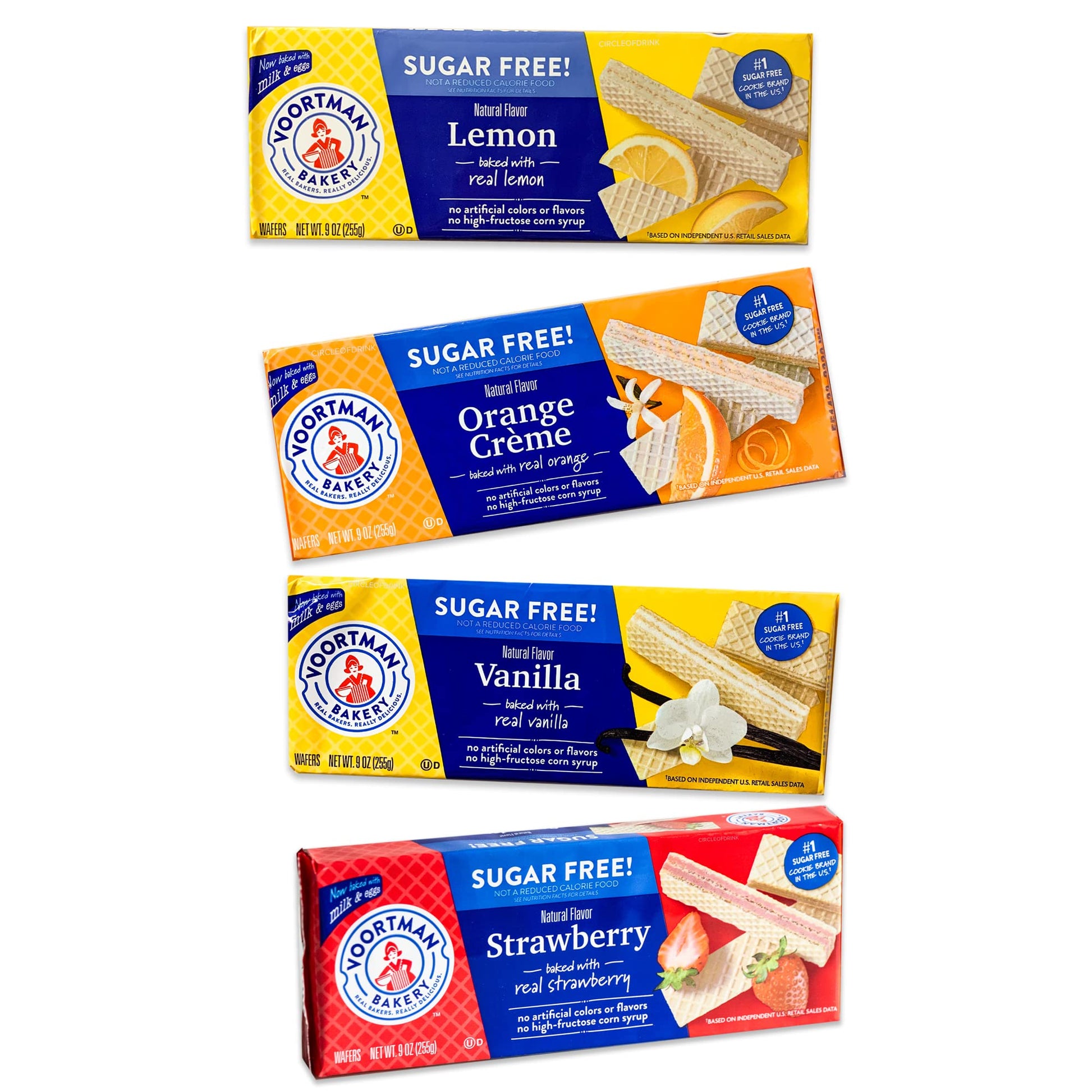 Voortman Sugar Free Wafers - Variety Pack - Lemon - Vanilla - Strawberry - Orange Creme - Baked with Real Ingredients - 4, 9oz p