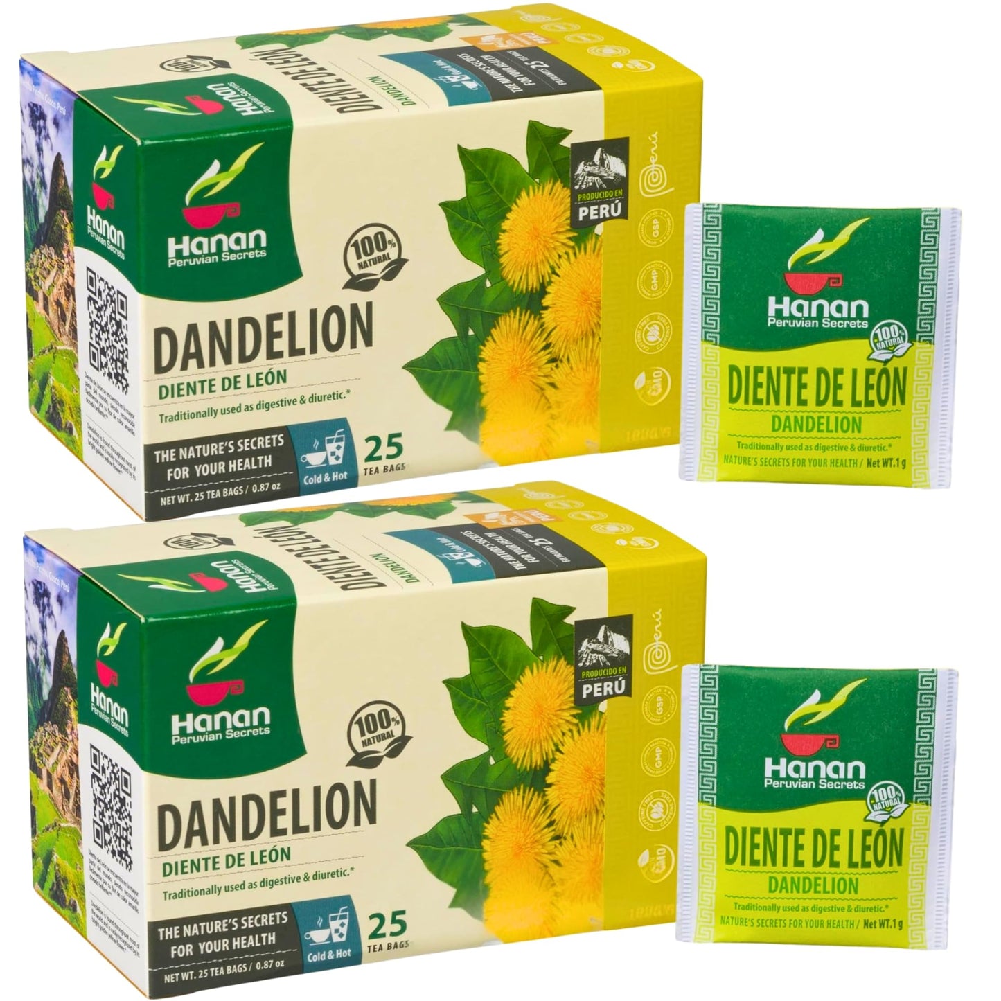 Hanan Dandelion Herbal Tea - 50 Teabags (25 Bags x 2 Boxes) - All-Natural Dandelion Root and Leaf from Peru