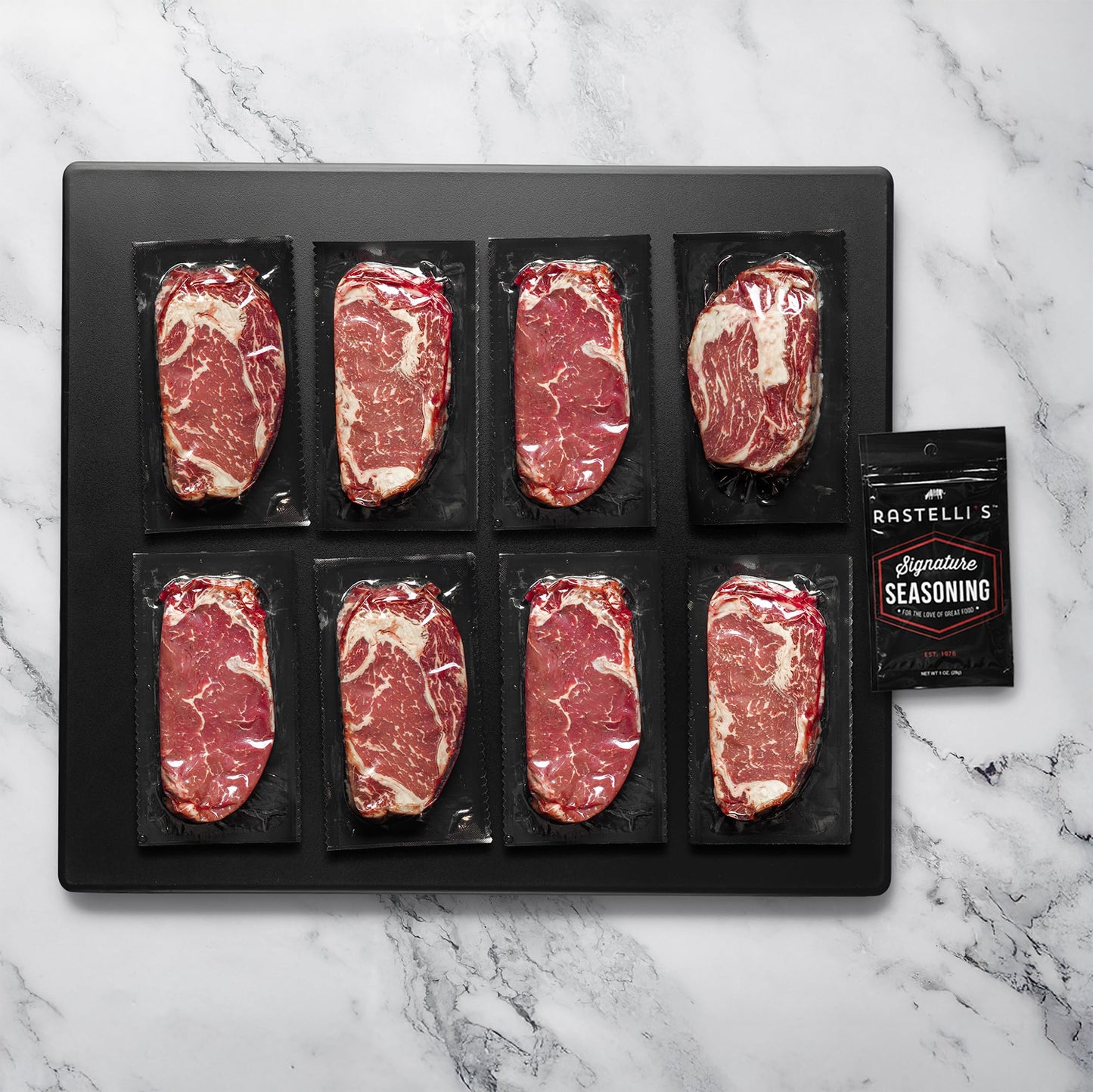 Rastellis Black Angus Beef Ribeye Steaks, 9 oz Portions, 8 Count, Total 4.5 lbs