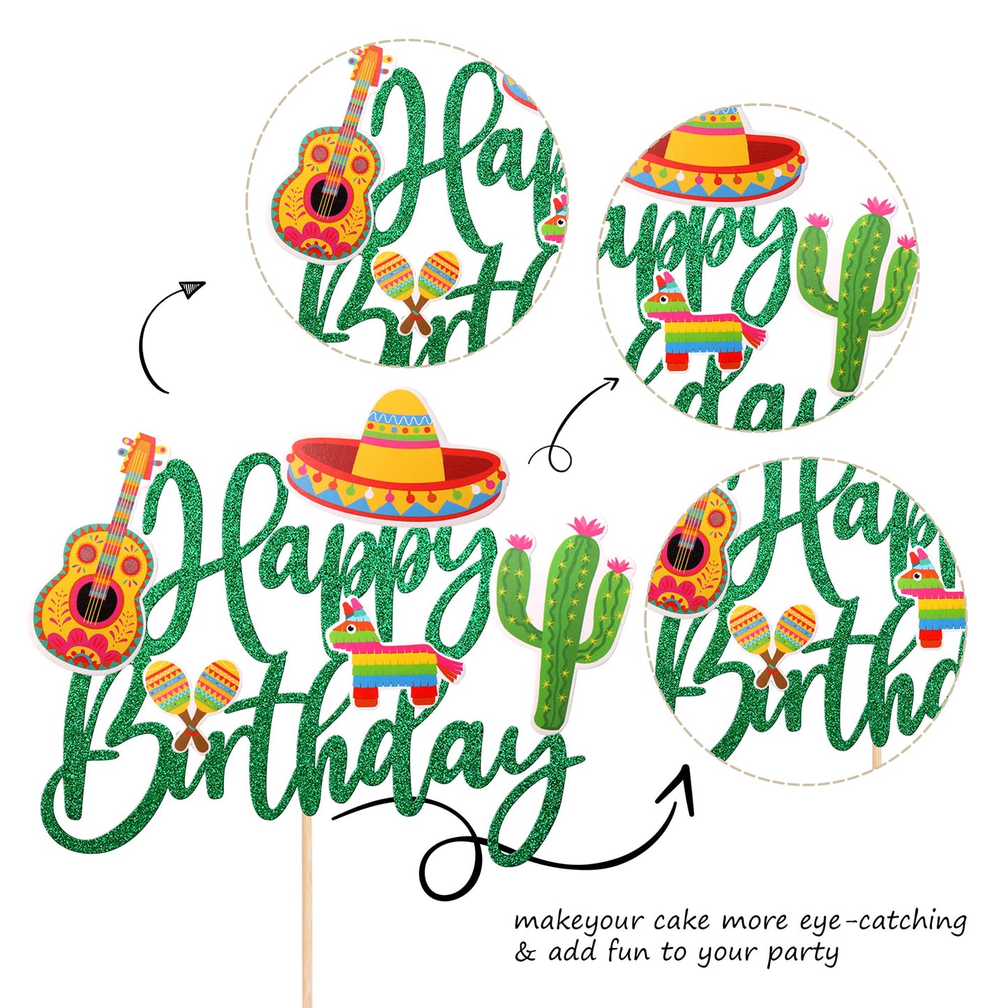 1 Pcs Mexican Fiesta Happy Birthday Cake Topper Glitter Cactus Donkey Maraca Sombrero Guitar Cake Pick For Mexican Fiesta Theme