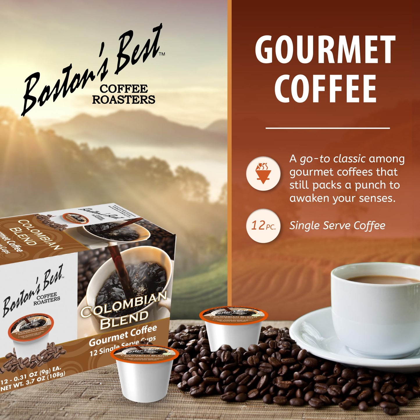 Bostons Best Colombian Blend Medium Roast Coffee, Compatible with Keurig, 12 Single Serve Cups