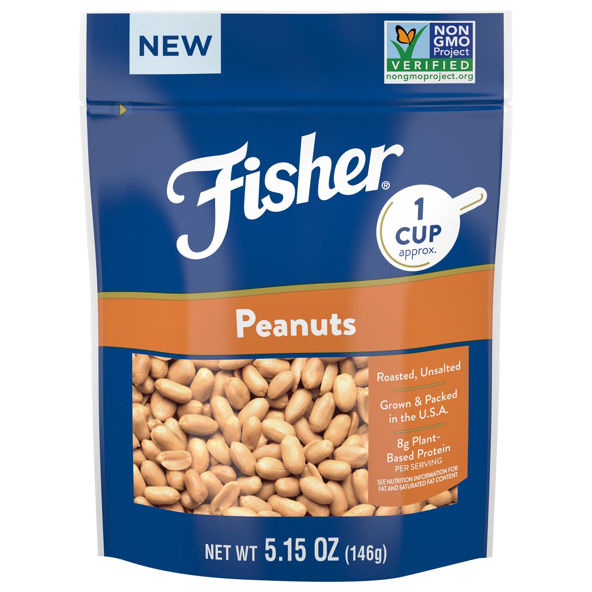 Fisher Peanuts, 5.15 oz Roasted Unsalted Nuts for Cooking, Baking, or Snacking, Resealable Bag, Natural & Gluten Free Cocktail N