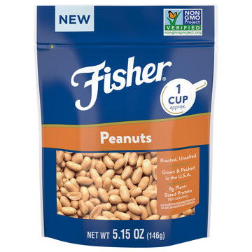 Fisher Peanuts, 5.15 oz Roasted Unsalted Nuts for Cooking, Baking, or Snacking, Resealable Bag, Natural & Gluten Free Cocktail N