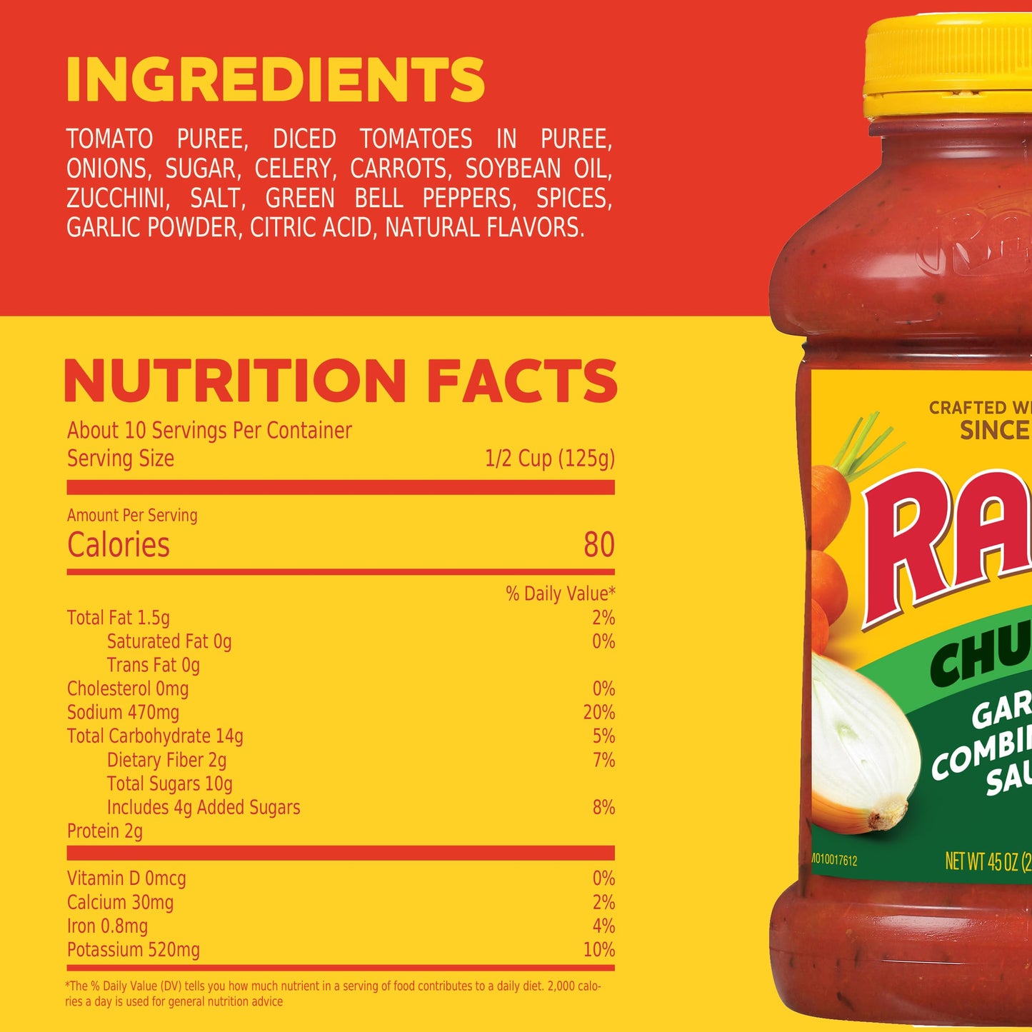 Ragu Chunky Garden Combination Pasta Sauce with Diced Tomatoes, Onions, Celery, Carrots, Zucchini, Green Bell Peppers, and Itali