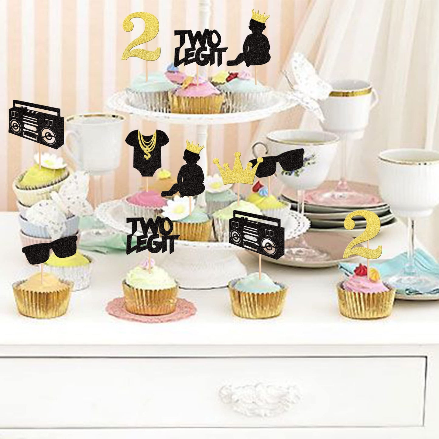 28 Pcs Two Legit Cupcake Toppers Black Glitter Hip Hop 2Nd Birthday Cupcake Picks Two Cool Glasses 90S Cake Decorations For Baby