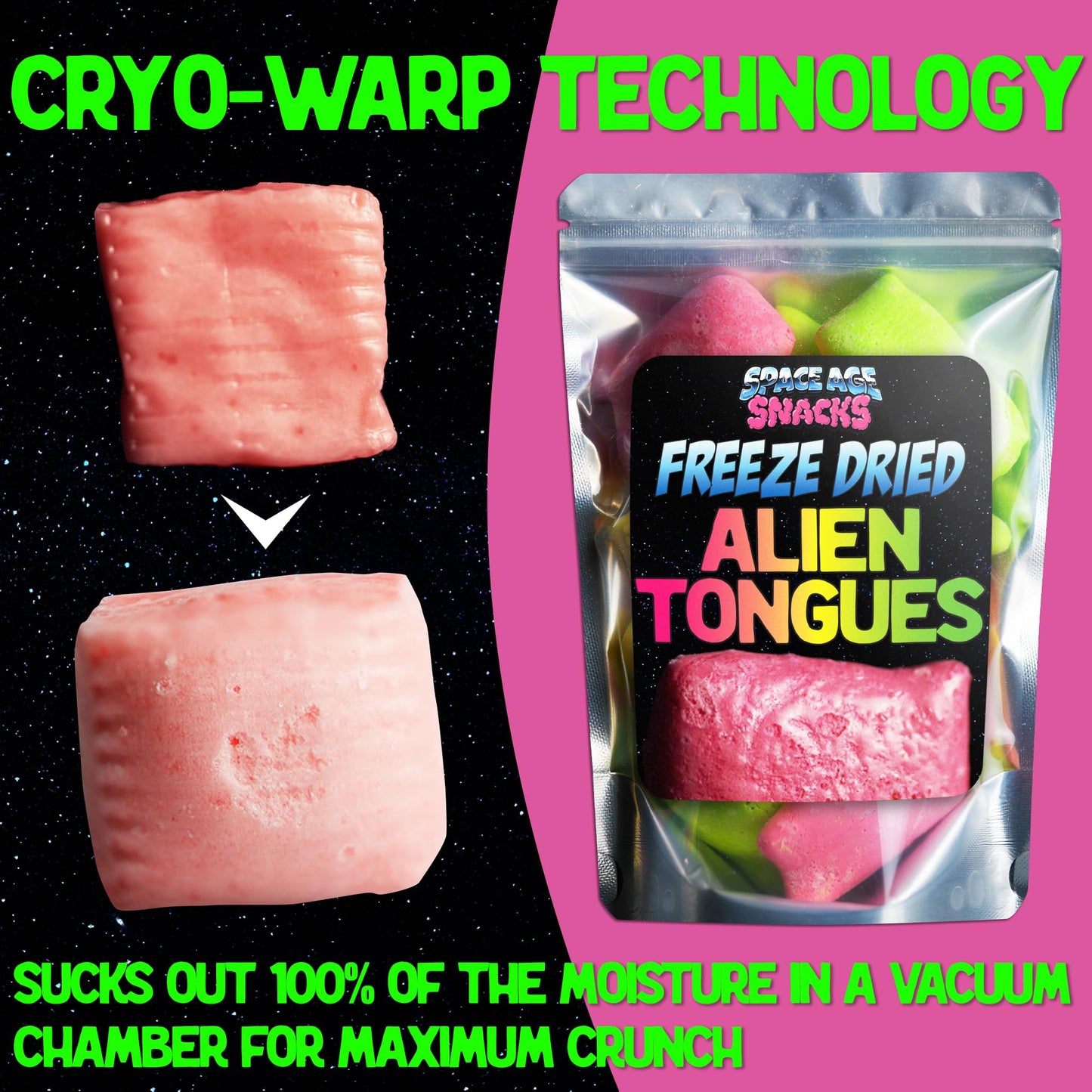 Space Age Snacks Premium Freeze Dried Taffy Candy - Alien Tongues - Fun Stickers - 4 Ounce Medium Size