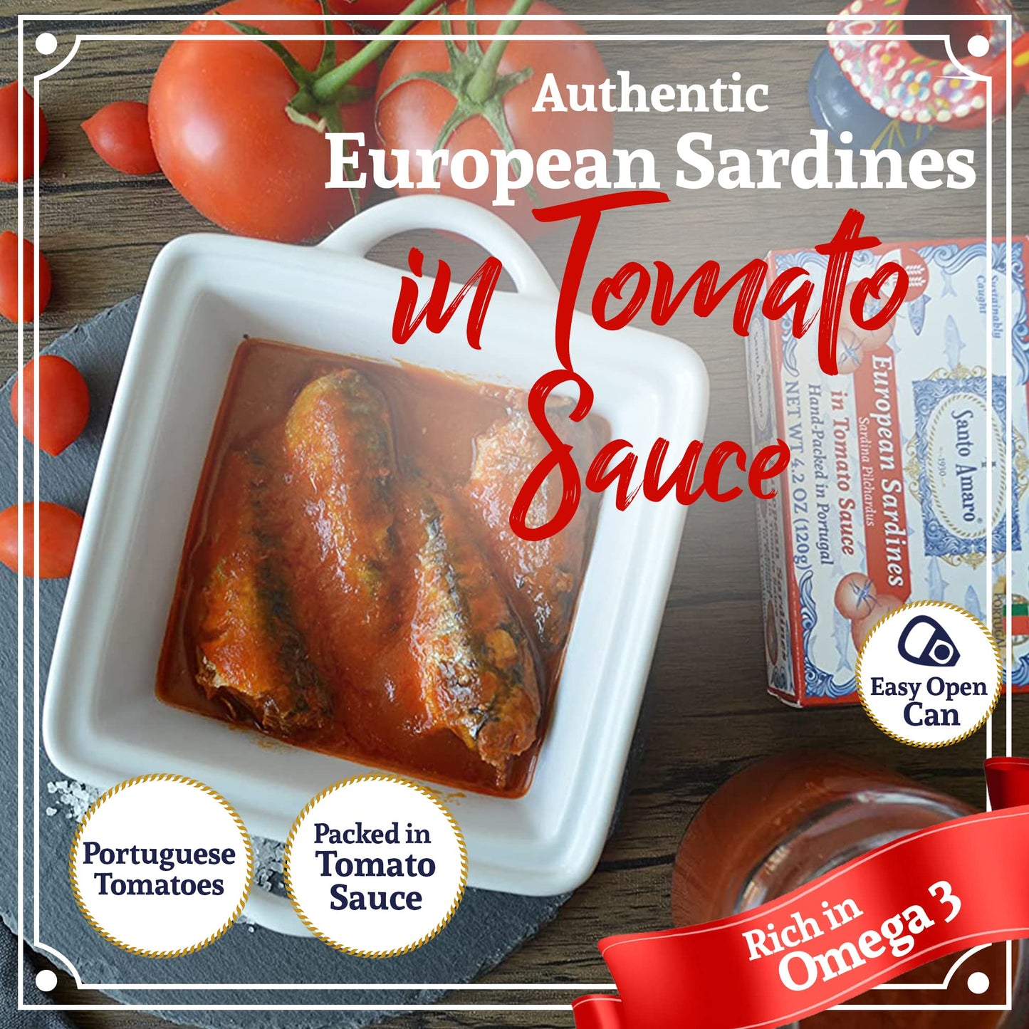 Santo Amaro Authentic European Sardines in Tomato Sauce, 4.23 oz (Pack of 3), Wild Caught, 23g Protein, Paleo, from Portugal