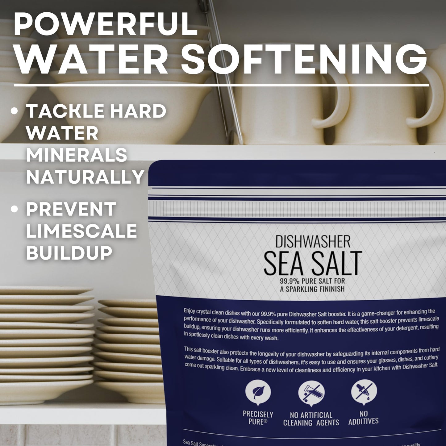 Dishwasher Salt, Natural Water Softener, Food Grade Coarse Sea Salt Compatible with Miele, Thermador, Whirlpool, & Bosch Dishwas