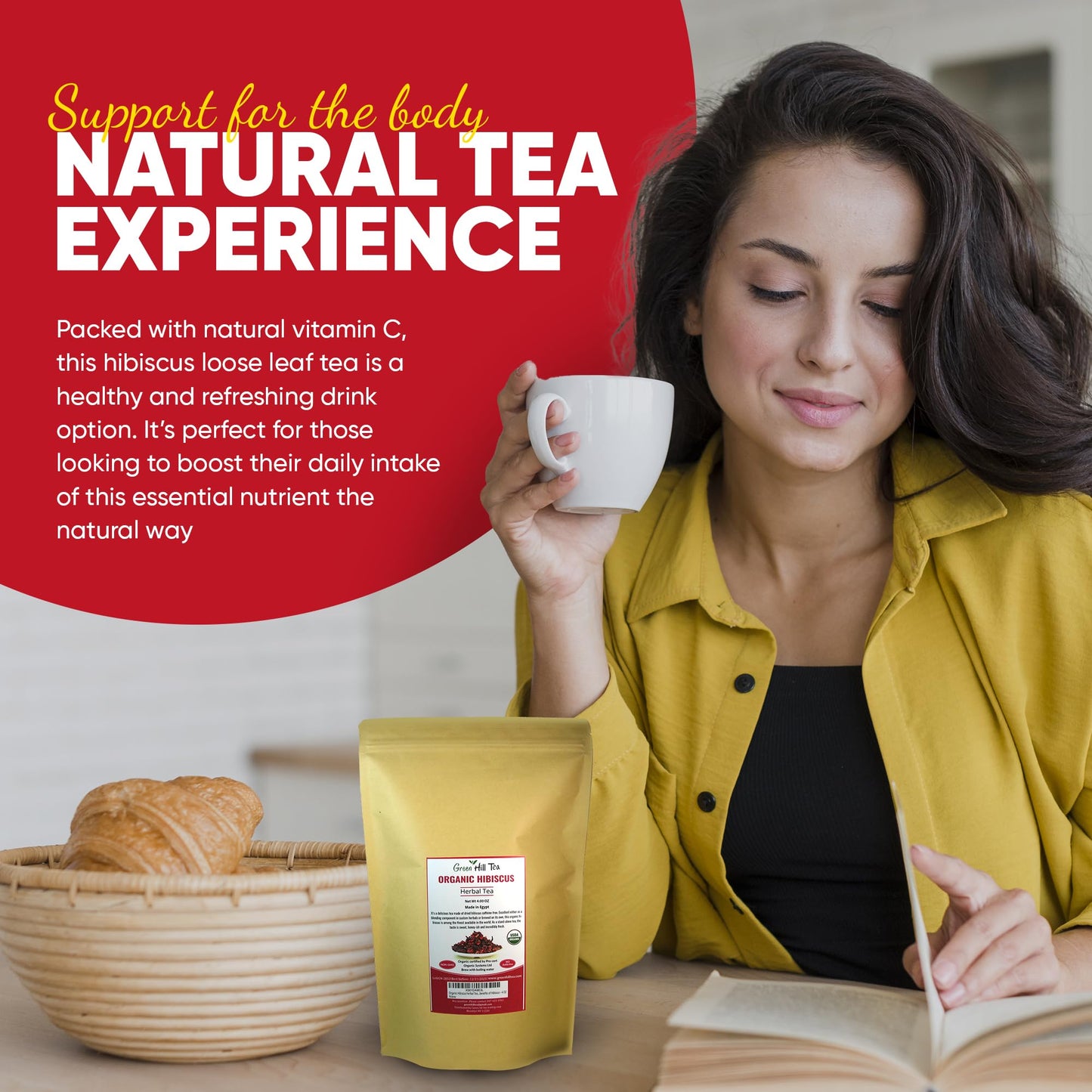 Organic Hibiscus Herbal Tea by Greenhilltea - 4 OZ Loose Leaf, Natural Red Tea, Healthy Benefits, Caffeine-Free Herbal Infusion