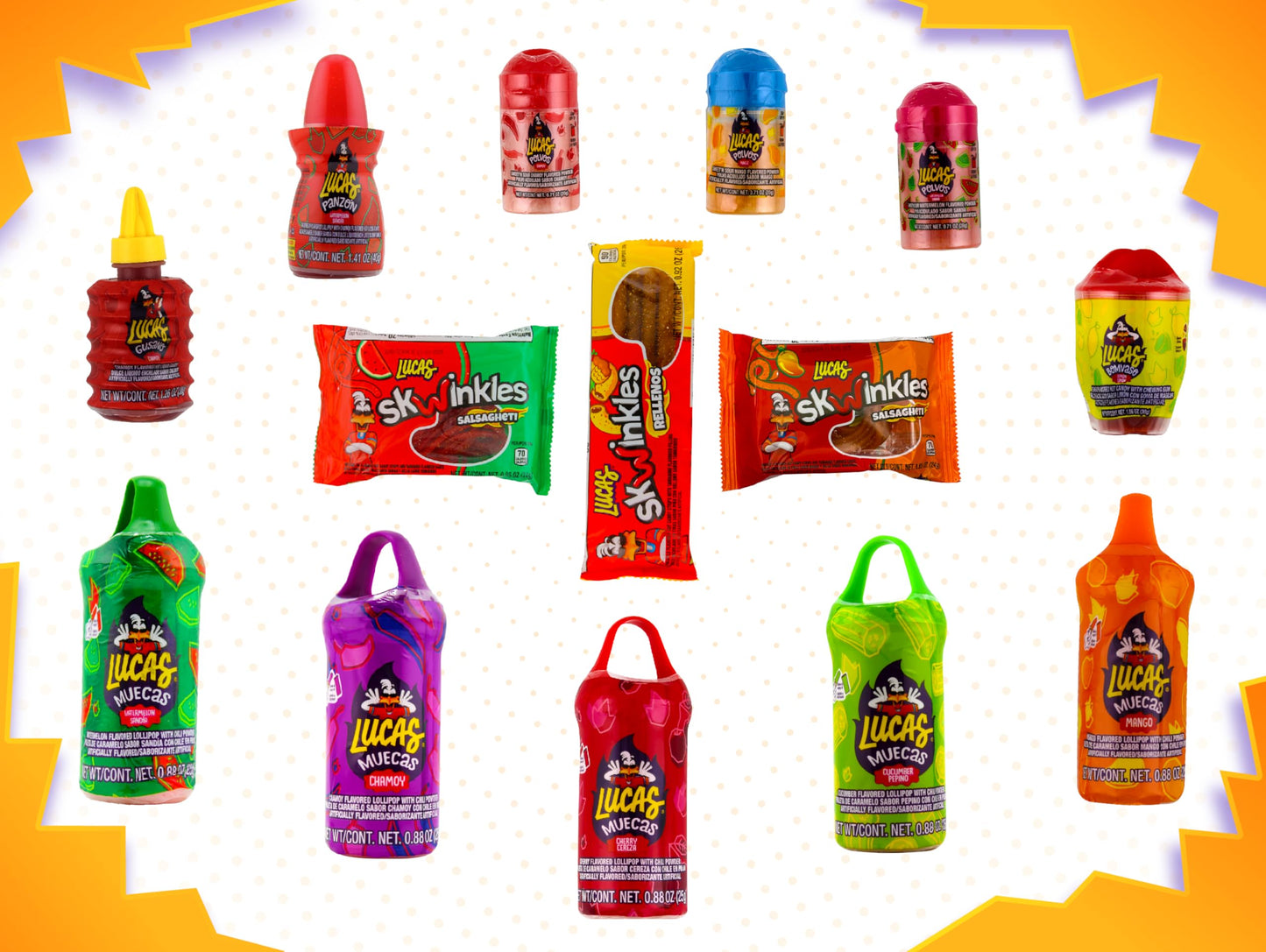 Lucas Mexican Candy Mix (14 Count) Variety Of Sour, Sweet, Spicy, Include Lucas Skwinkles, Pelucas, Lucas Muecas, Baby Lucas, Gu