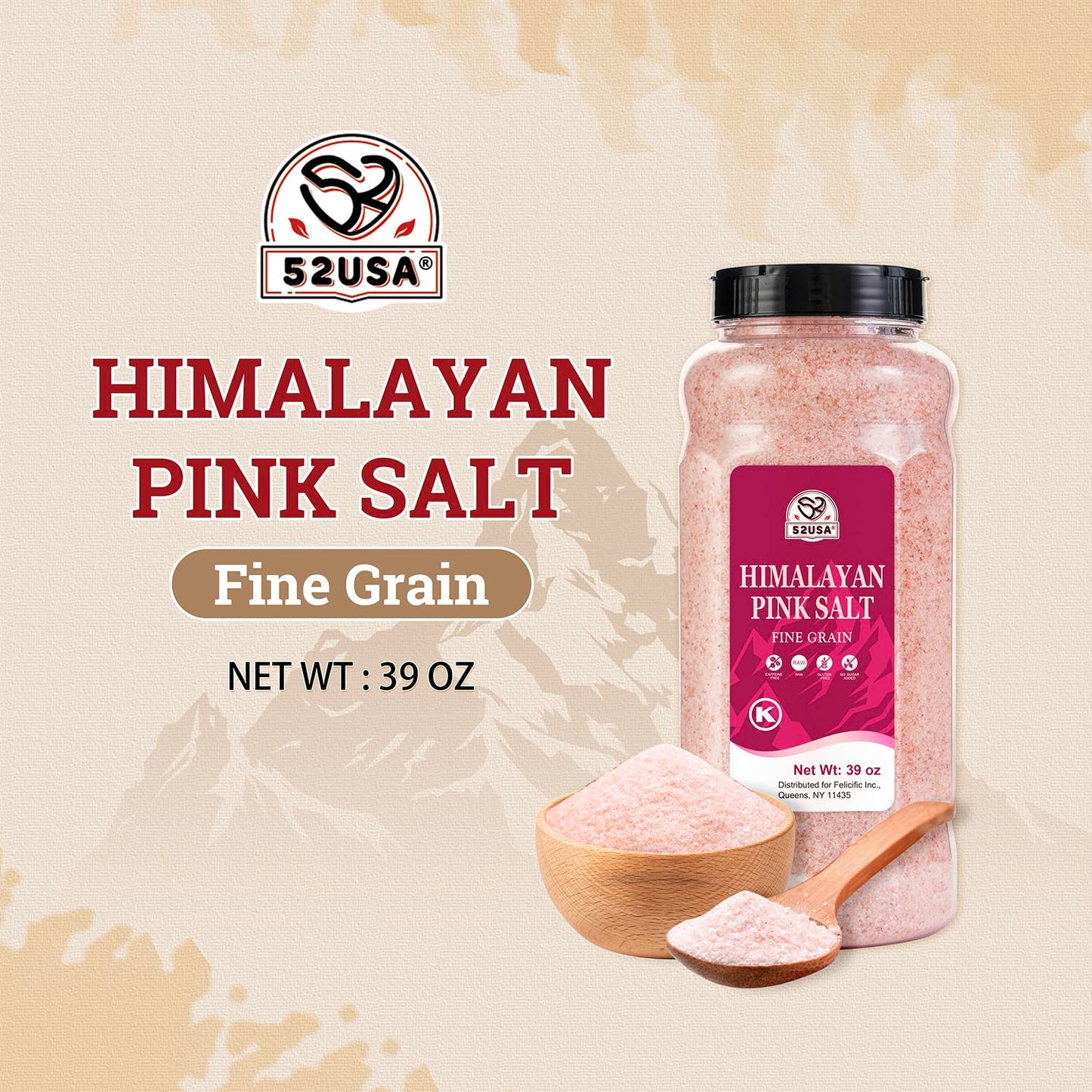 52USA Himalayan Pink Salt, Fine Grain, Kosher, 39oz (2.4 LB)