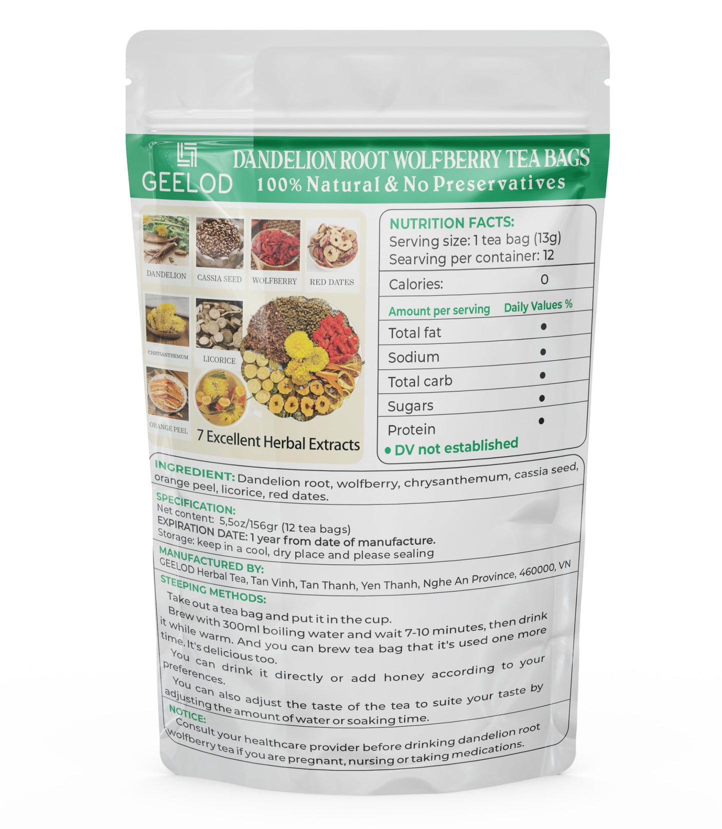 GEELOD Premium Dandelion Root Wolfberry Tea Bags - 12 Count Herbal Blend for Kidneys & Liver Health