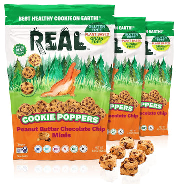 REAL Peanut Butter Chocolate Chip Mini Cookie Poppers - Gluten Free, Vegan, Dairy Free - 4.5 oz, 3 Pack, Brown