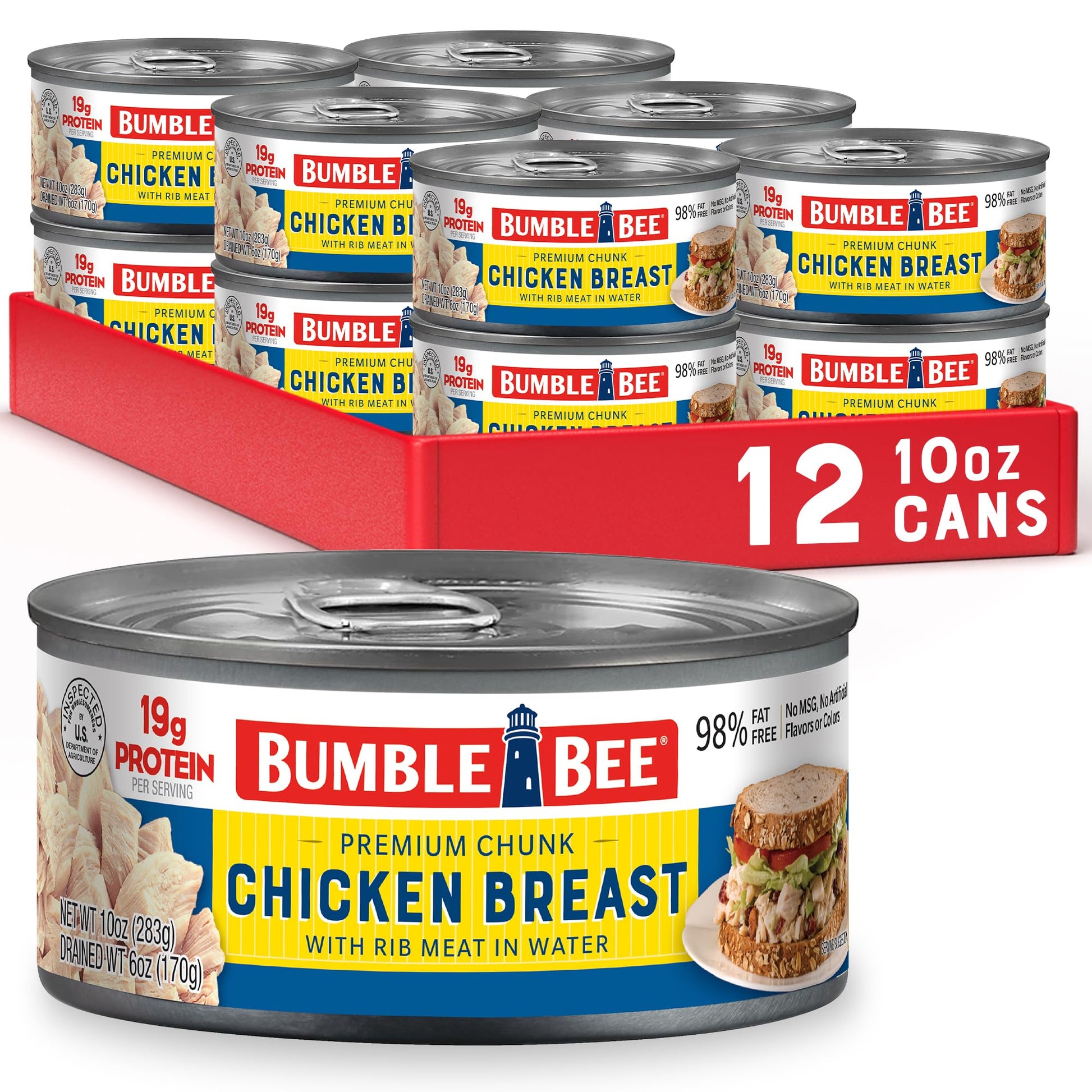 Bumble Bee Premium Chicken Breast, Chunk in Water, 10 oz Can, Pack of 12, 19g Protein, Gluten Free, Keto Friendly