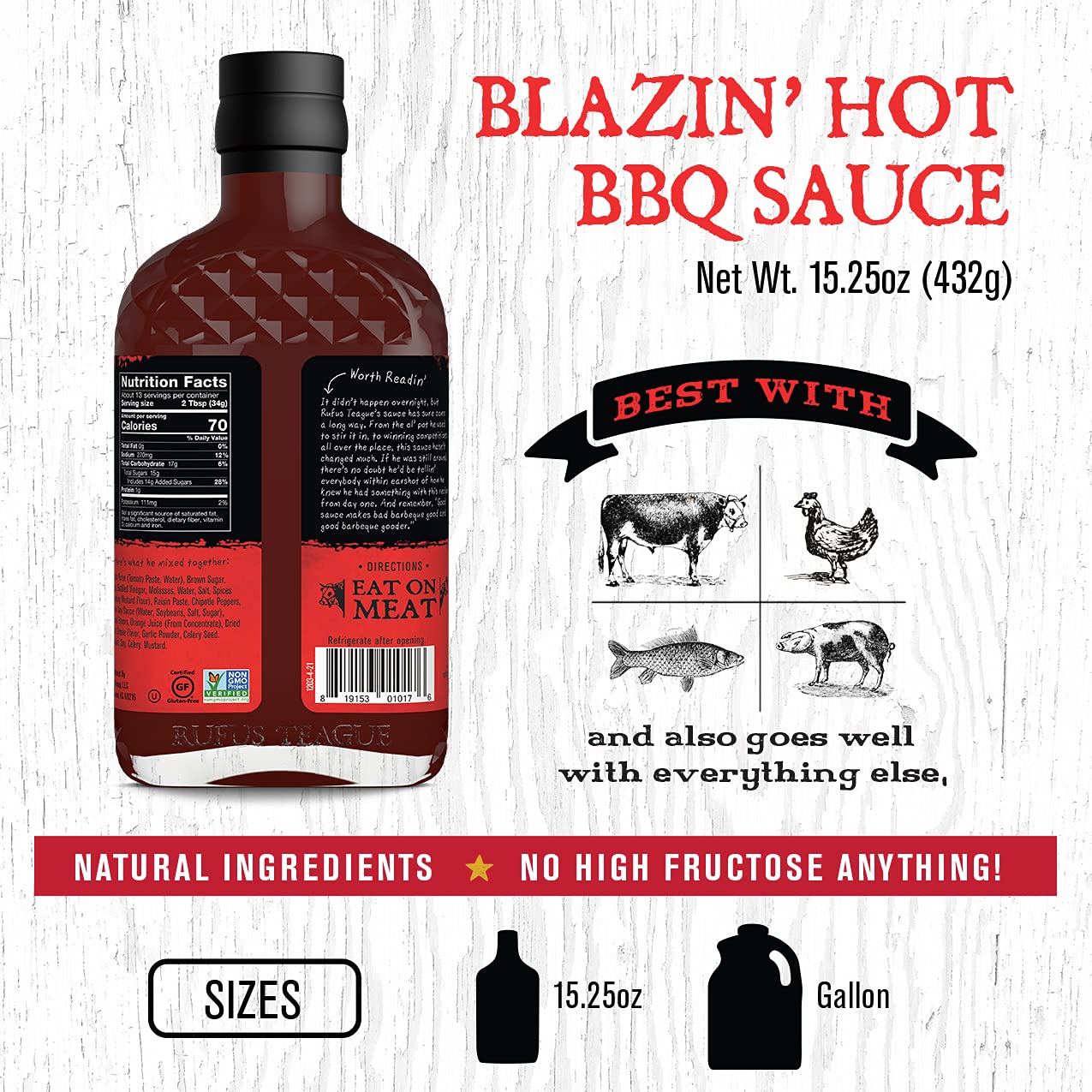 Rufus Teague - Blazin' Hot Bbq Sauce - Premium Barbecue Sauce - 15.25 Oz. Bottle