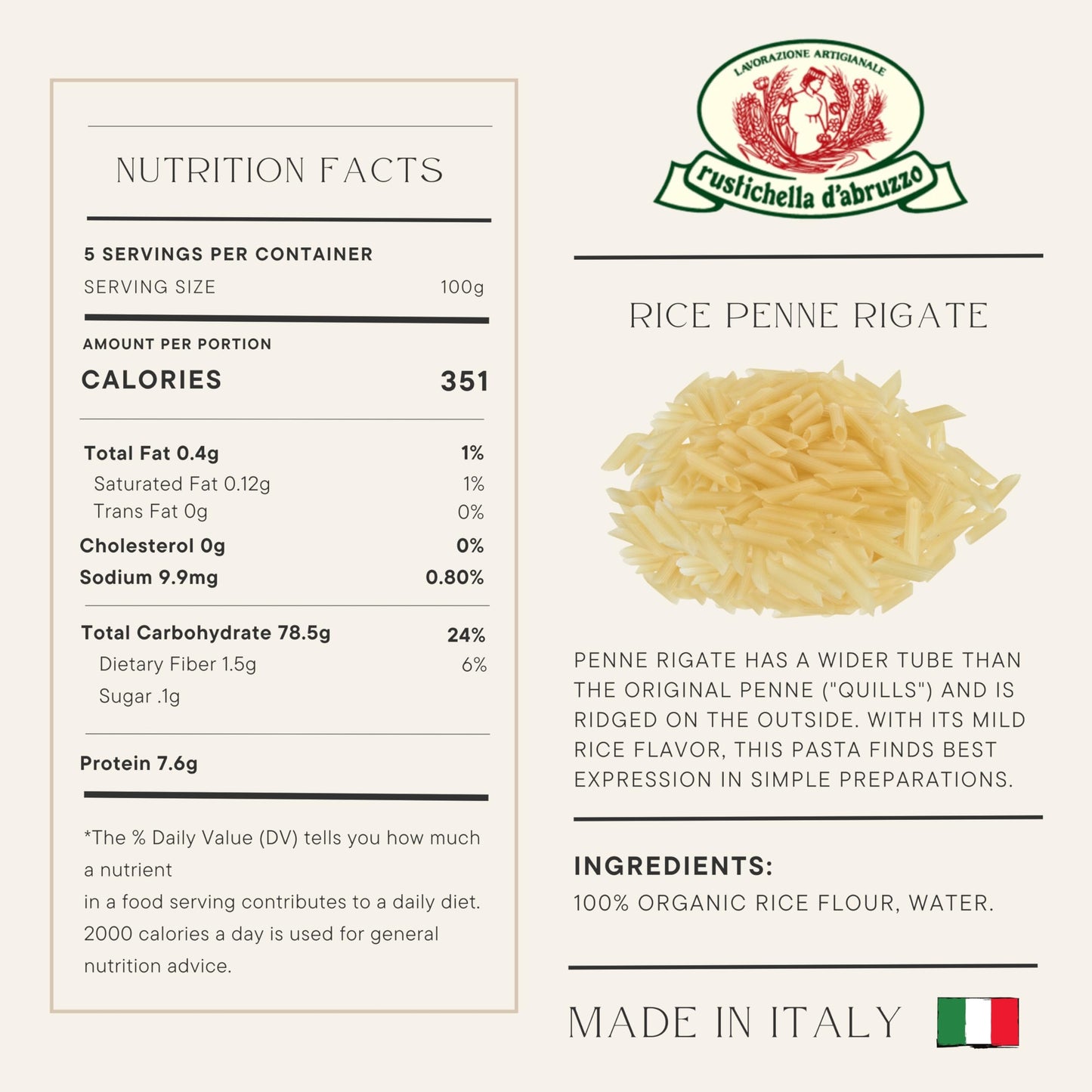 Rustichella dAbruzzo Organic Rice Penne Rigate Pasta - Gluten-Free, 250g (8.8 oz) - Ideal for Light Sauces & Vegetables