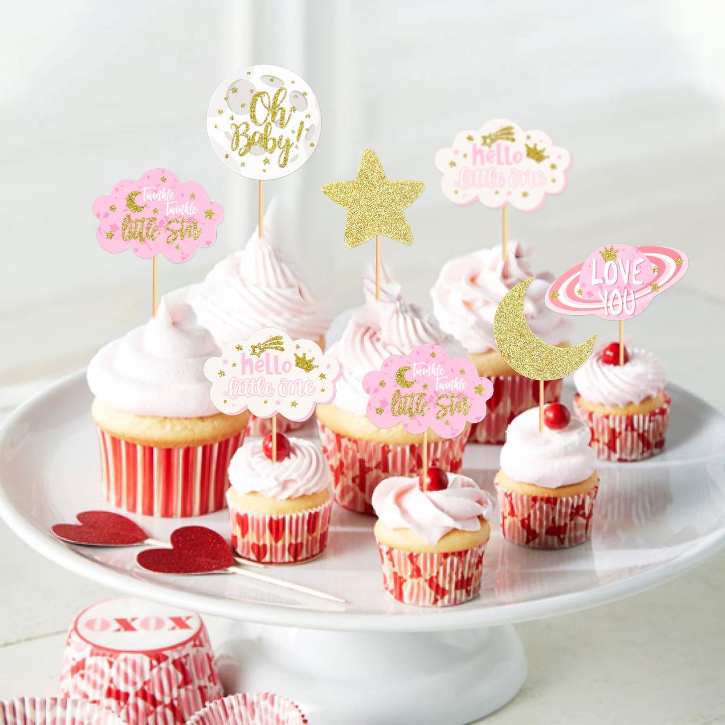 Keaziu Star Cupcake Toppers, 30PCS Twinkle Star Picks, Cardstock, Blue and Pink2, Perfect for Engagement, Bridal, Baby Shower, and Birthday Parties