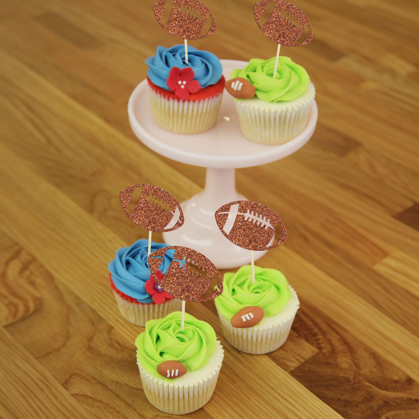 Ephlyn Rugby Football Cupcake Toppers, 24 Pcs, Brown, Paper, 2 x 4.3 inches, Sports Ball Theme Cake Decoration for Parties