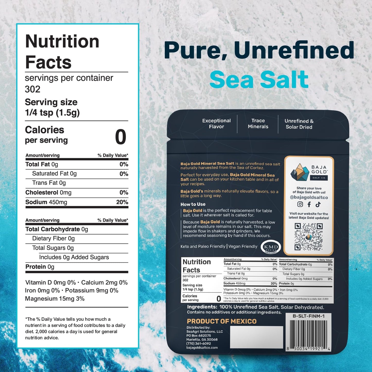 Baja Gold Mineral Sea Salt, Fine Grind, 1 Lb. Bag