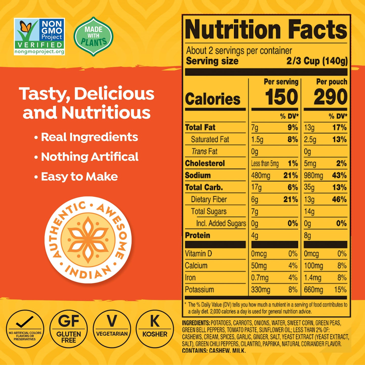 Tasty Bite Vegetable Tikka Masala, 10 Ounce, Pack Of 6, Ready To Eat, Microwavable Entree, Vegetables Simmered With Cashews (Packaging May Vary)