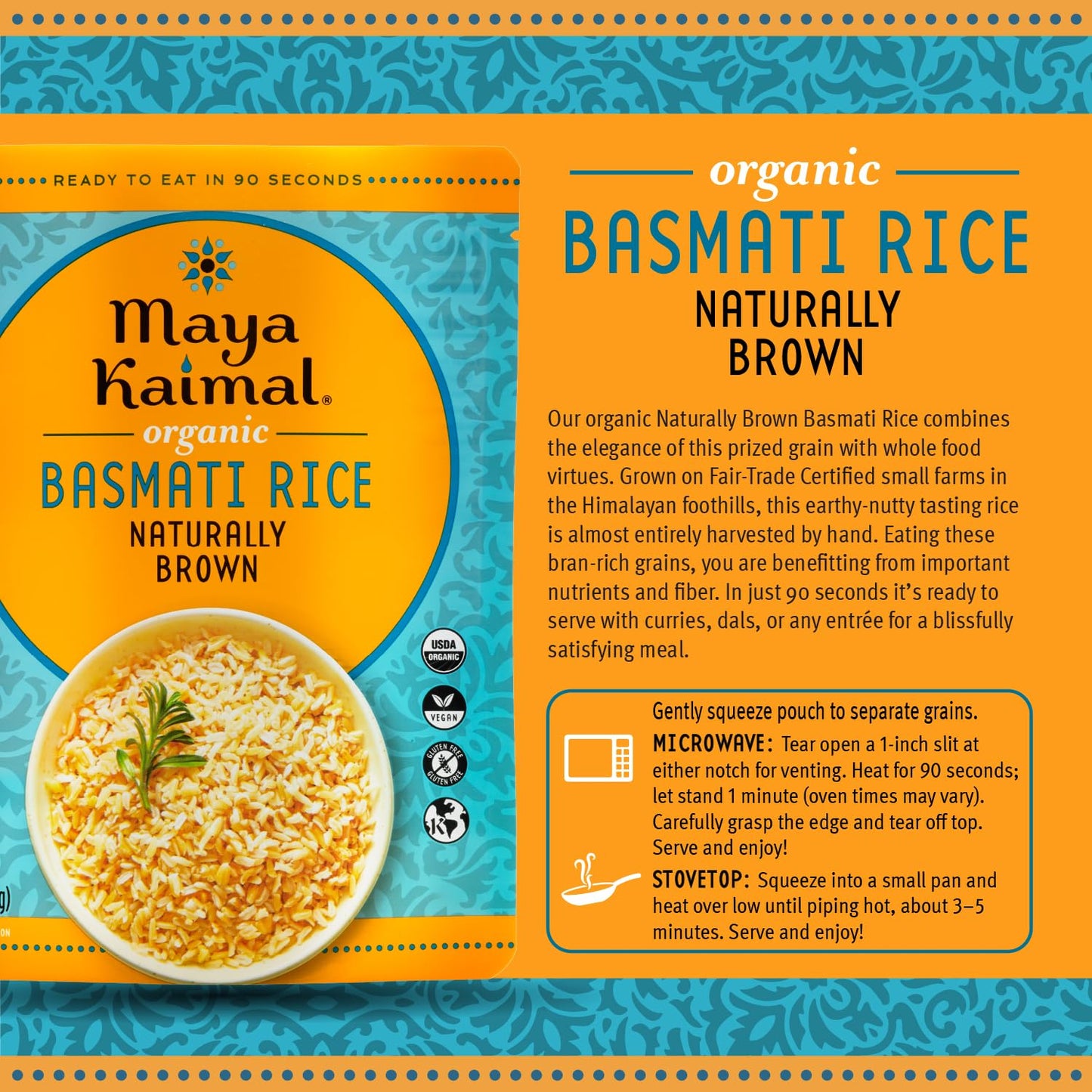 Maya Kaimal Organic Basmati Rice Naturally Brown, Ready To Eat, Fully Cooked, Vegan, Certified Organic, Non Gmo, Gluten Free, 8.