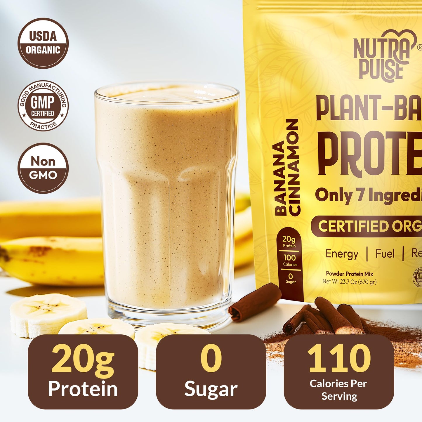 NUTRAPULSE Organic Vegan Protein Powder, Plant-Based, 20g Protein, Banana Cinnamon, 1 Pack, 20 Servings