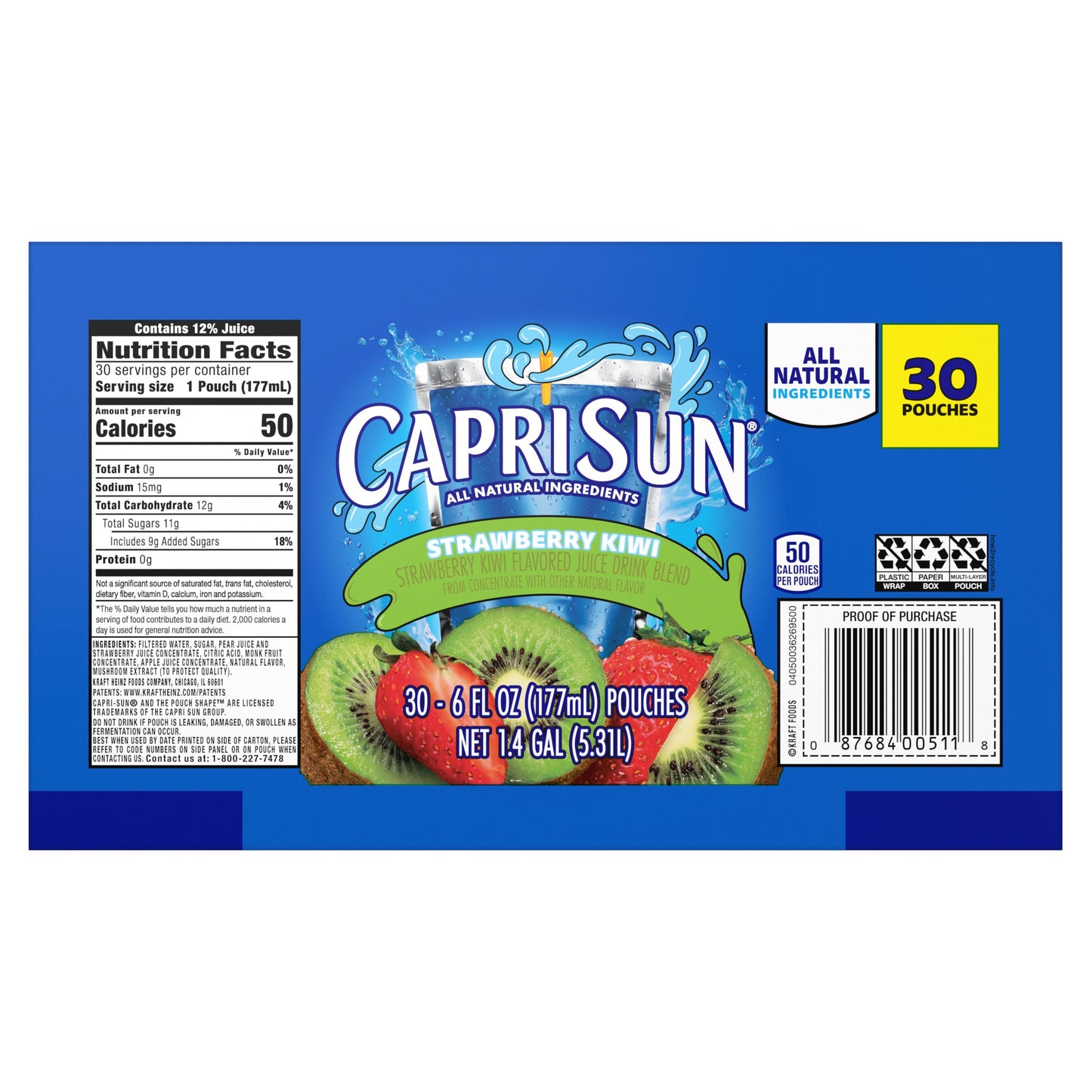 Capri Sun Strawberry Kiwi Naturally Flavored with other natural flavor Juice Drink Blend, 30 ct Box, 6 fl oz Pouches