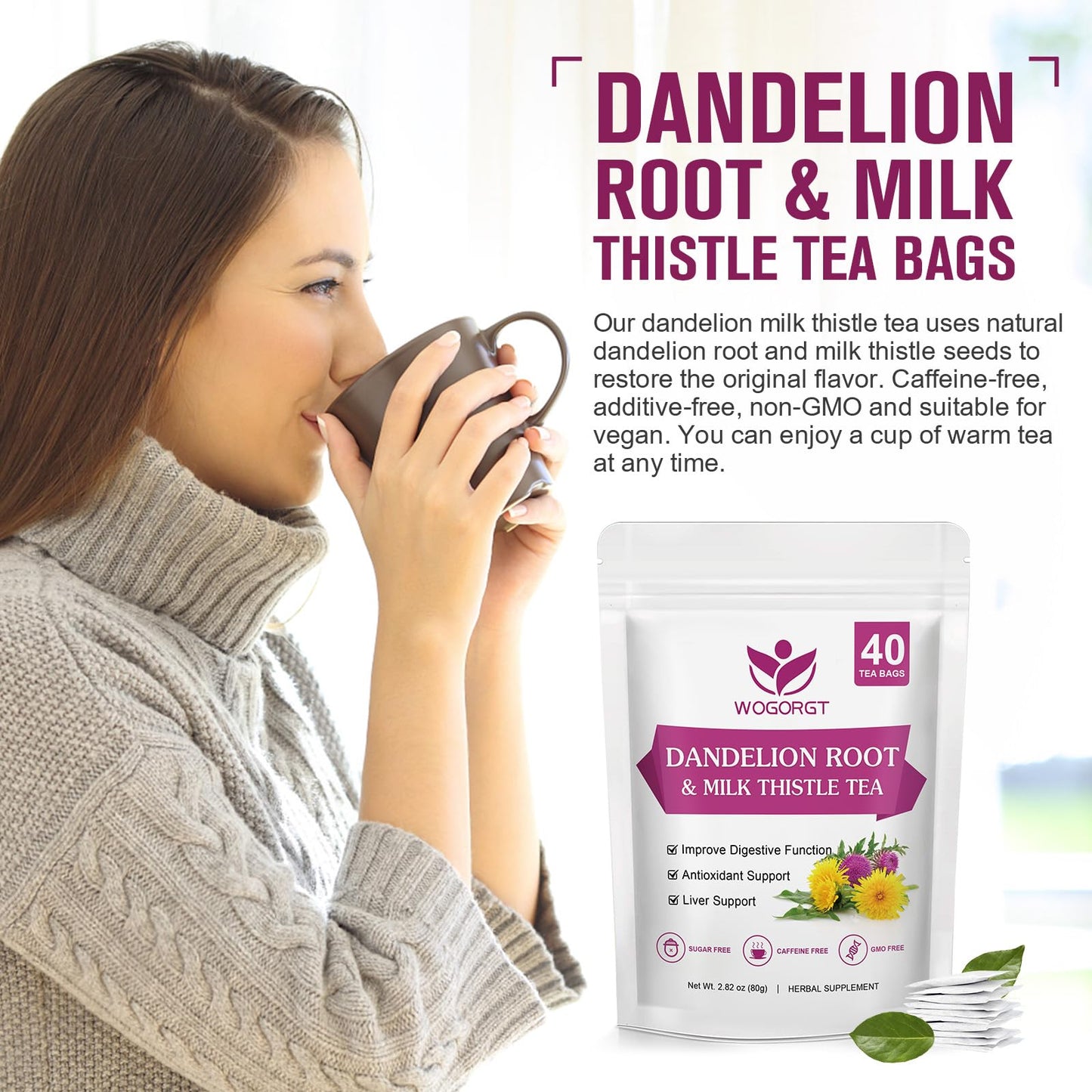 WOGORGT Dandelion Root & Milk Thistle Tea Bags - 40 Count - Caffeine Free Herbal Tea for Liver Cleanse & Immune Support
