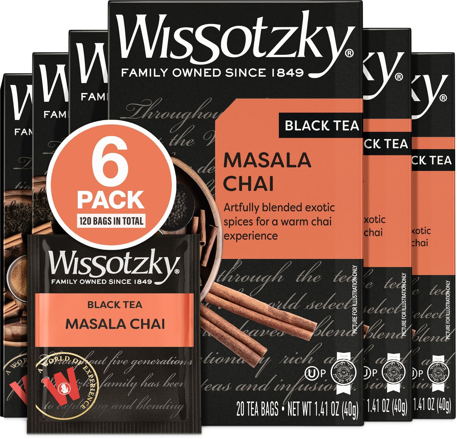 Wissotzky Masala Chai Black Tea (6 Pack - 120 Tea Bags) | Aromatic Chai Tea | Antioxidant Rich | Comforting Tea | Black Tea Bags