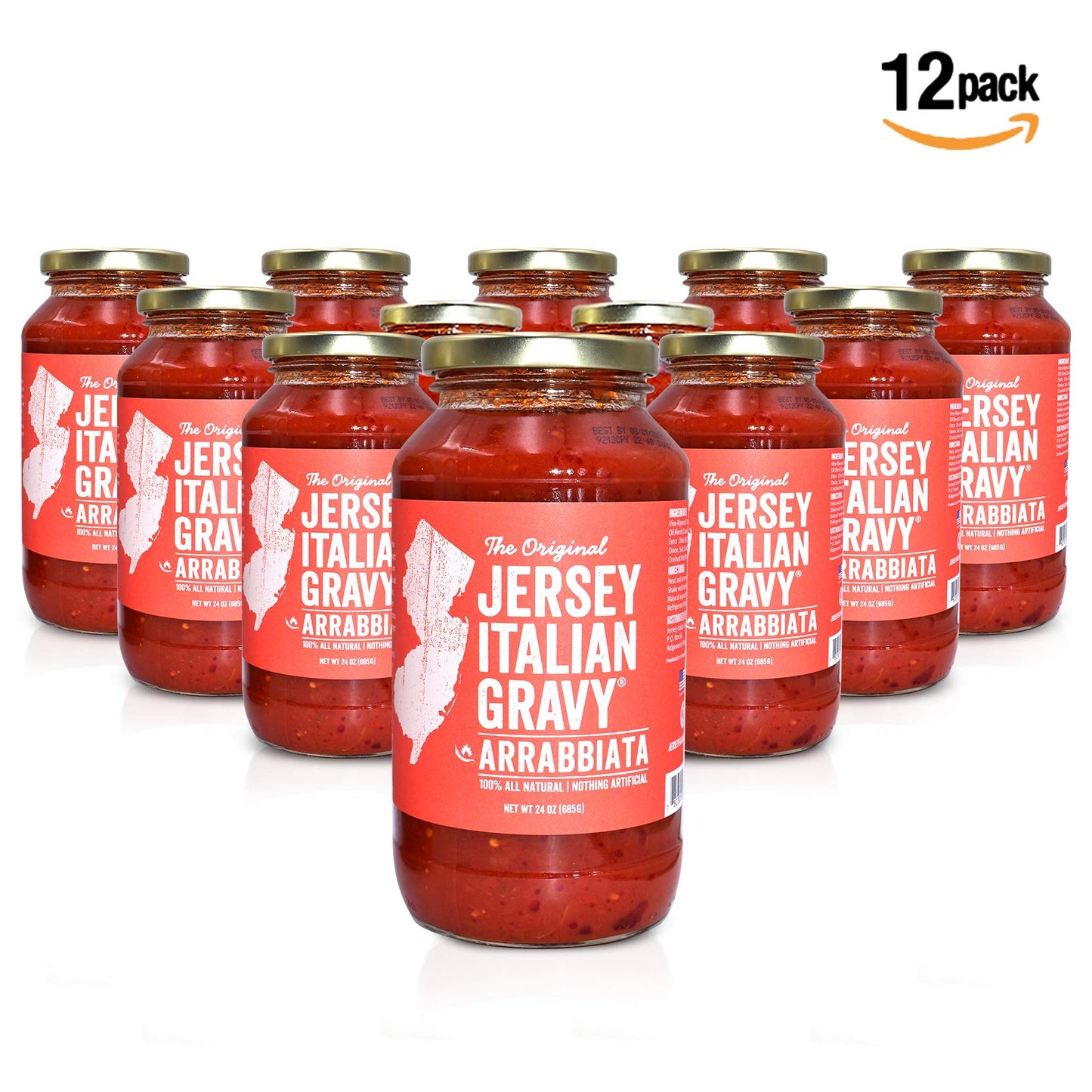 Jersey Italian Gravy-24 Oz Jar-Gourmet, All Natural All Purpose Tomato Sauce For Pasta And More, No Artificial Ingredients- Vegan Friendly-Authentic Recipe For Pasta, (Arrabbiata, 12 Pack)