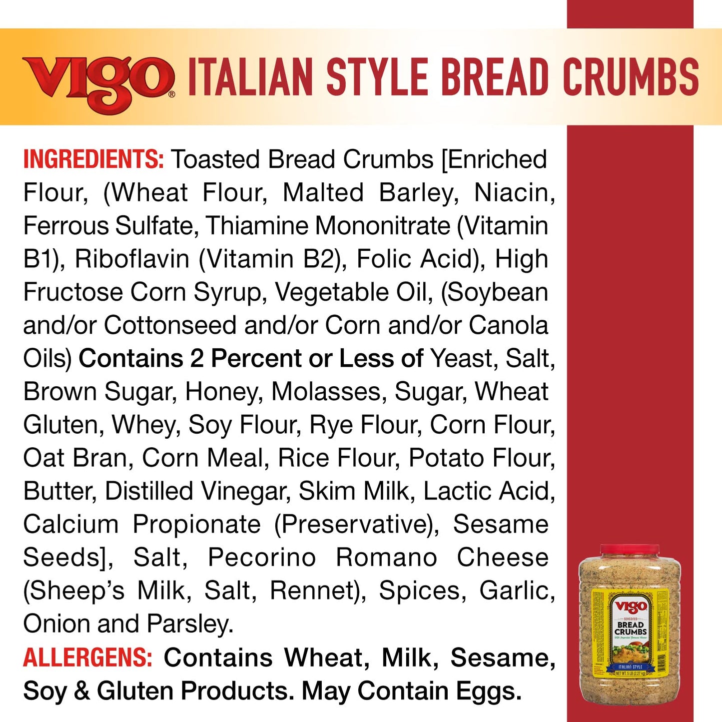Vigo Italian Style Seasoned Bread Crumbs with Imported Roman Cheese, 5 lb Pack