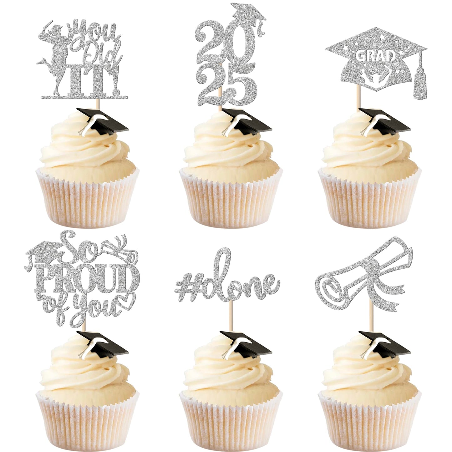 YCTHUNFISH Graduation Cupcake Toppers 24 Pack Glitter Grad Cap Picks Small Silver